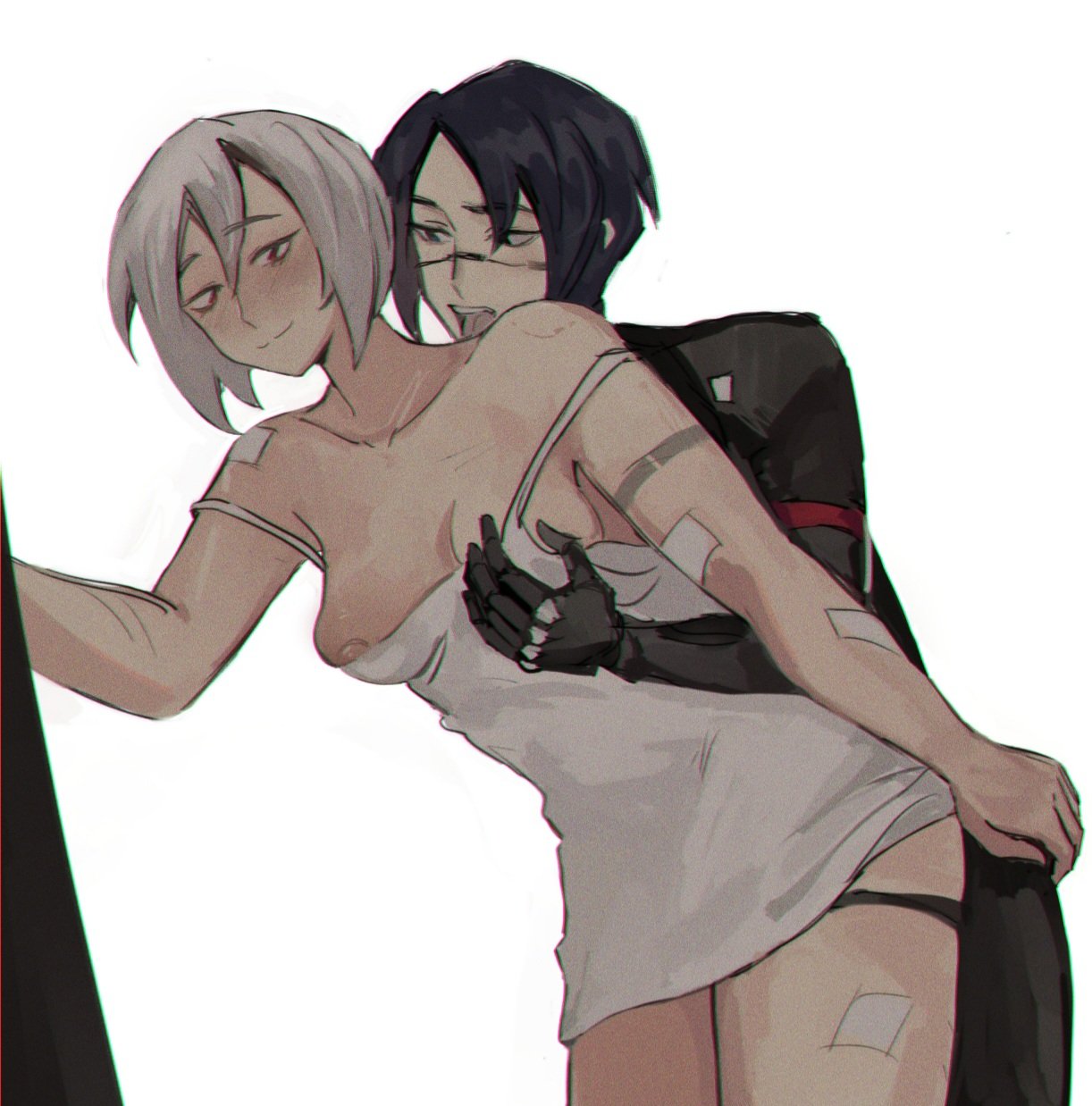 2girls, ariane yeong, bite mark, black hair, breast grab, breasts, dearpupa, elster (signalis), female, female only, lesbian sex, partially clothed, signalis, white hair, yuri