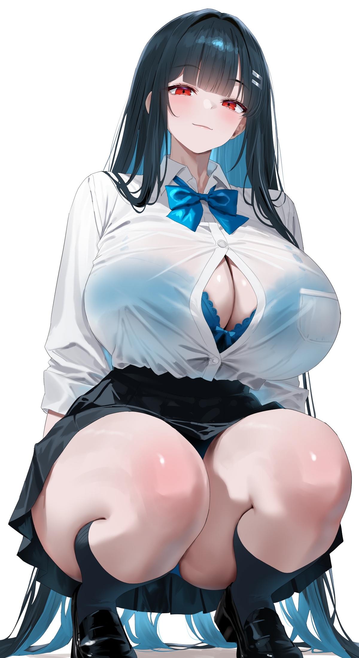 1girls, absurdly long hair, black hair, black shoes, black skirt, black socks, blue bow, blue bowtie, blue bra, blush, bow, bowtie, bra, bra visible through clothes, breast pocket, breasts, button gap, closed mouth, collared shirt, female, female only, full body, hair ornament, hairclip, highres, huge breasts, kneehighs, long hair, long sleeves, looking at viewer, oekakizuki, original, pocket, red eyes, school uniform, see-through, see-through clothing, shirt, shirt tucked in, shoes, simple background, skirt, smile, socks, solo, squatting, thighs, underwear, very long hair, white background, white shirt