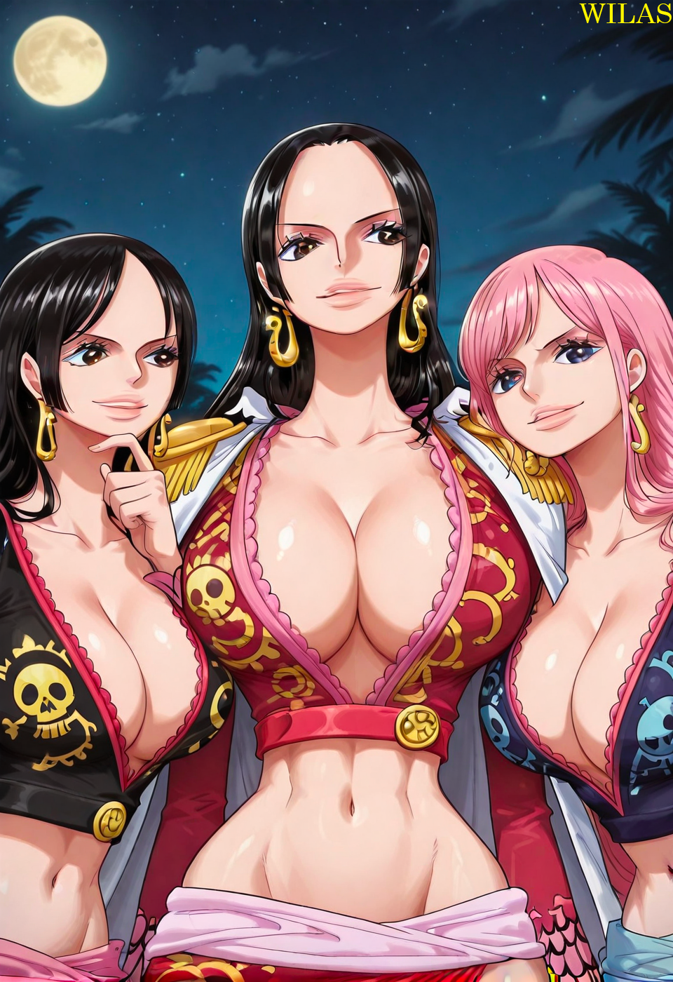 3girls, abs, aged down, ai generated, athletic female, bedroom, biceps, big breasts, black hair, black-haired female, boa hancock, breasts, female, female only, gloriosa, gloriosa (one piece), horny, horny female, legs, muscles, muscular, muscular female, oiled, one piece, pink hair, pink-haired female, seductive, seductive look, sfw, shakky, shakuyaku, shiny skin, six pack, thick thighs, toned muscles, wide hips, wilas