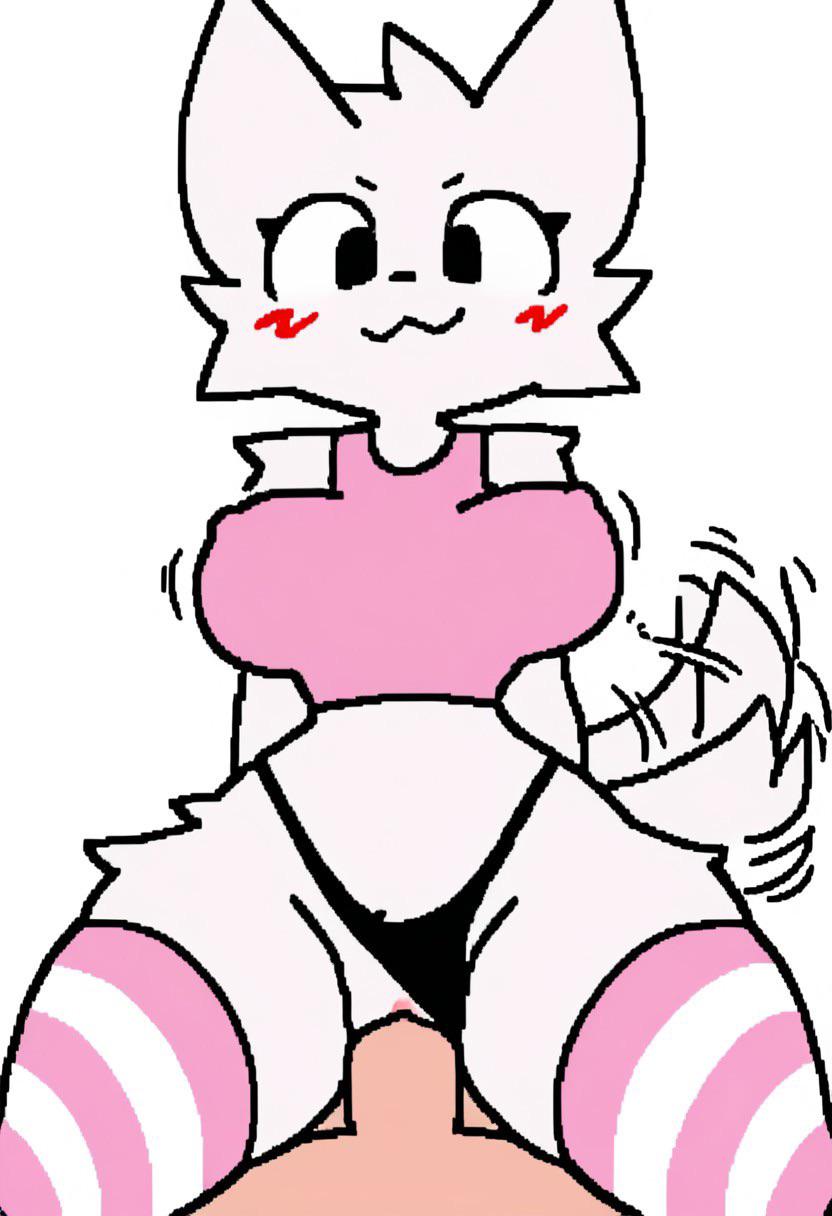 anthro, black panties, blush, blush lines, blushing at viewer, bra, clothes, cowgirl position, female, girlkisser, girlkisser (melodynotmel), looking at viewer, panties, pink bra, programming socks, pussy, silly cat (mauzymice), thighhighs, visible pussy, white fur, wiggling tail