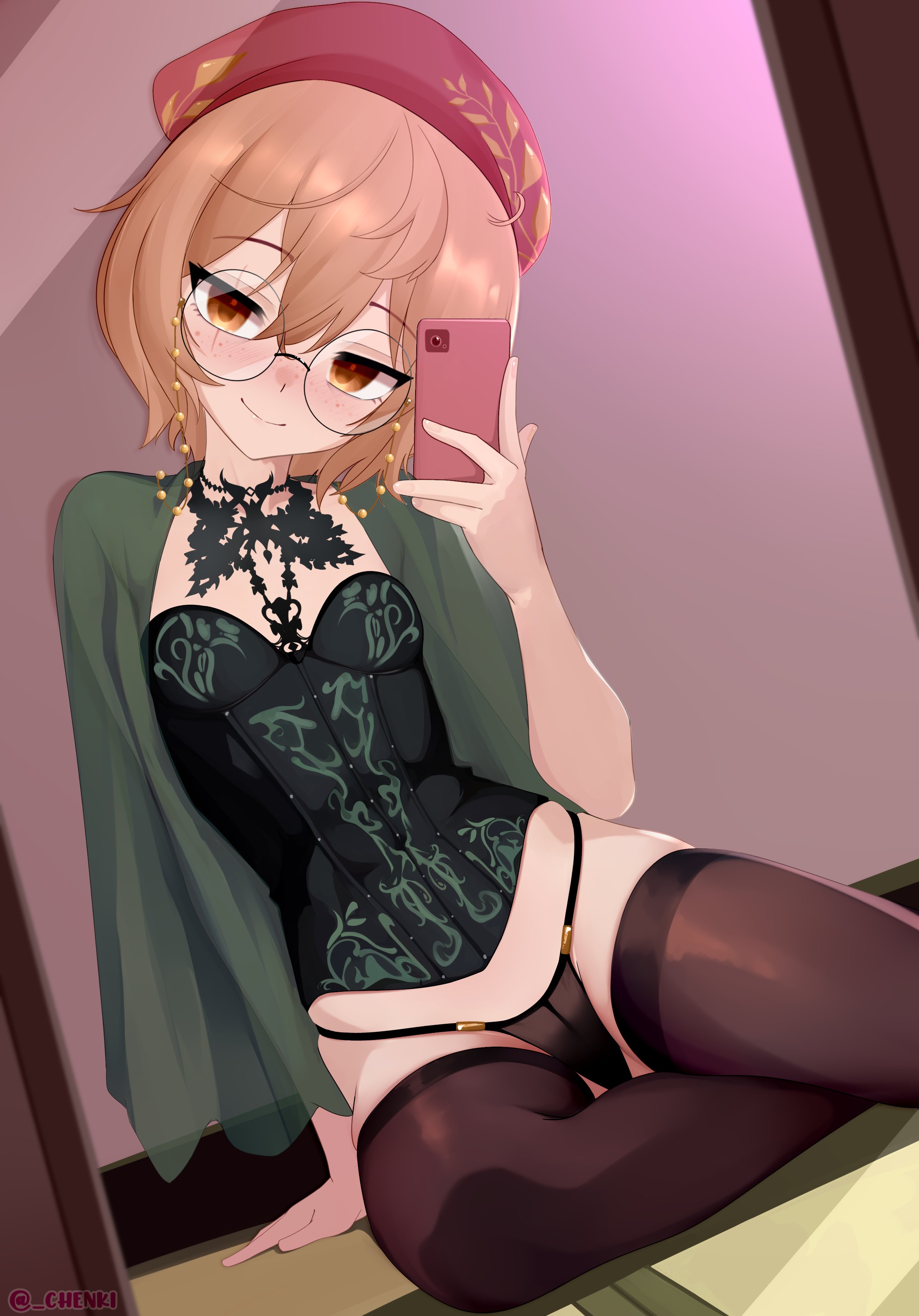 1girls, absurdres, beret, blush, brown eyes, brown hair, cape, cellphone, chenki, clio aite, corset, female, garter belt, glasses, hat, highres, jewelry, light skin, light-skinned female, lingerie, necklace, paid reward available, phase connect, phase invaders quest, phone, scar, scar across eye, scar on face, selfie, short hair, sitting, smartphone, smile, thighhighs, underwear, virtual youtuber