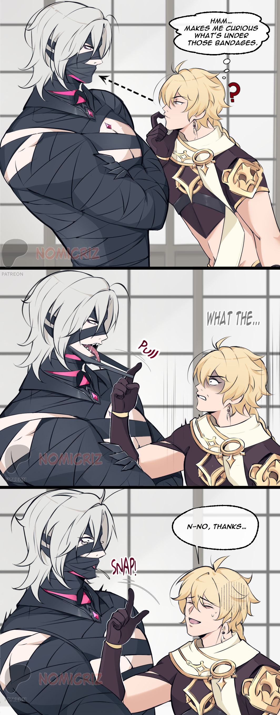 aether (genshin impact), bandage, bandages, blonde hair, body markings, buff, clothed, curious, ear ring, earring, earrings, eyebrows raised, flinch, flinching, gay, gem, genshin impact, hoyoverse, male, mihoyo, nervous, nervous expression, nervous face, nervous grin, nervous look, nervous male, nervous smile, nervous sweat, nervous sweating, onomatopoeia, pale, pale skin, pale-skin, pale-skinned male, pulling, question, question mark, rerir, rerir (genshin impact), sad, saliva, shivering, shock, shocked, shocked expression, shocked eyes, shocked face, spit, sweat, sweating, tagme, tears, tears in eyes, teeth, teeth showing, tongue, tongue out, white hair, yaoi