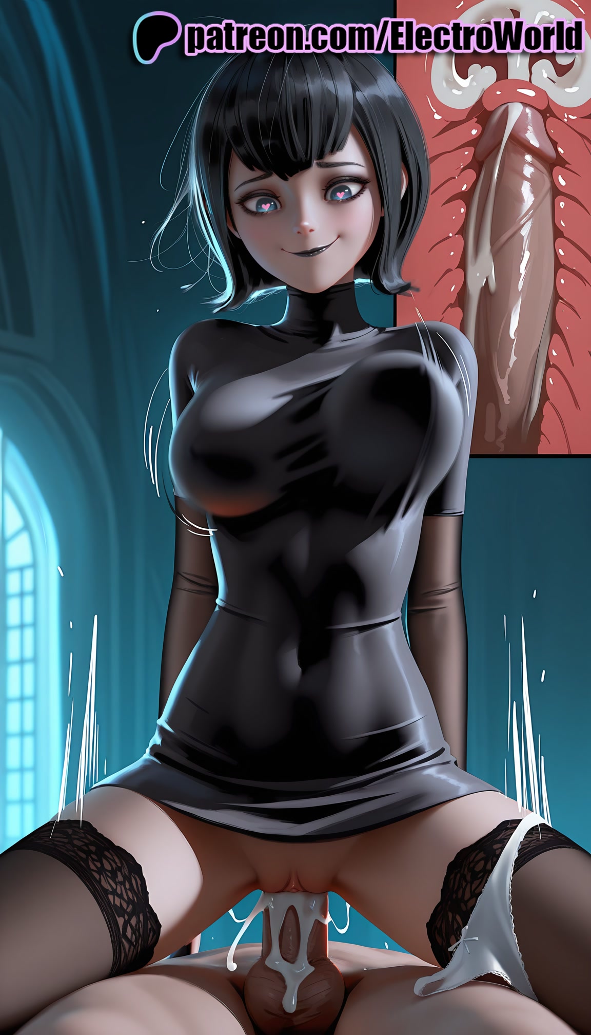 1boy, 1girls, 2025, ai generated, artist name, balls, black hair, blue eyes, breasts, bust, cervix, chest, clitoral hood, clitoris, clothed sex, cock, cowgirl position, cross section, cum, cum in pussy, dick, dress, ejaculation, electroworld, exposed pussy, female, female on top, fucking, glowing eyes, heart, heart-shaped pupils, hi res, high quality, high resolution, highres, hotel transylvania, intercourse, internal cumshot, juicy pussy, love making, male, mavis dracula, overflow, panties, panties around one leg, patreon, patreon username, penetration, penis, pussy, reverse cowgirl position, riding, sex, sex from behind, sexual intercourse, stable diffusion, straddling, straight, symbol-shaped pupils, testicles, thighhighs, tight pussy, uncensored, underwear, uterus, vagina, vaginal penetration, watermark