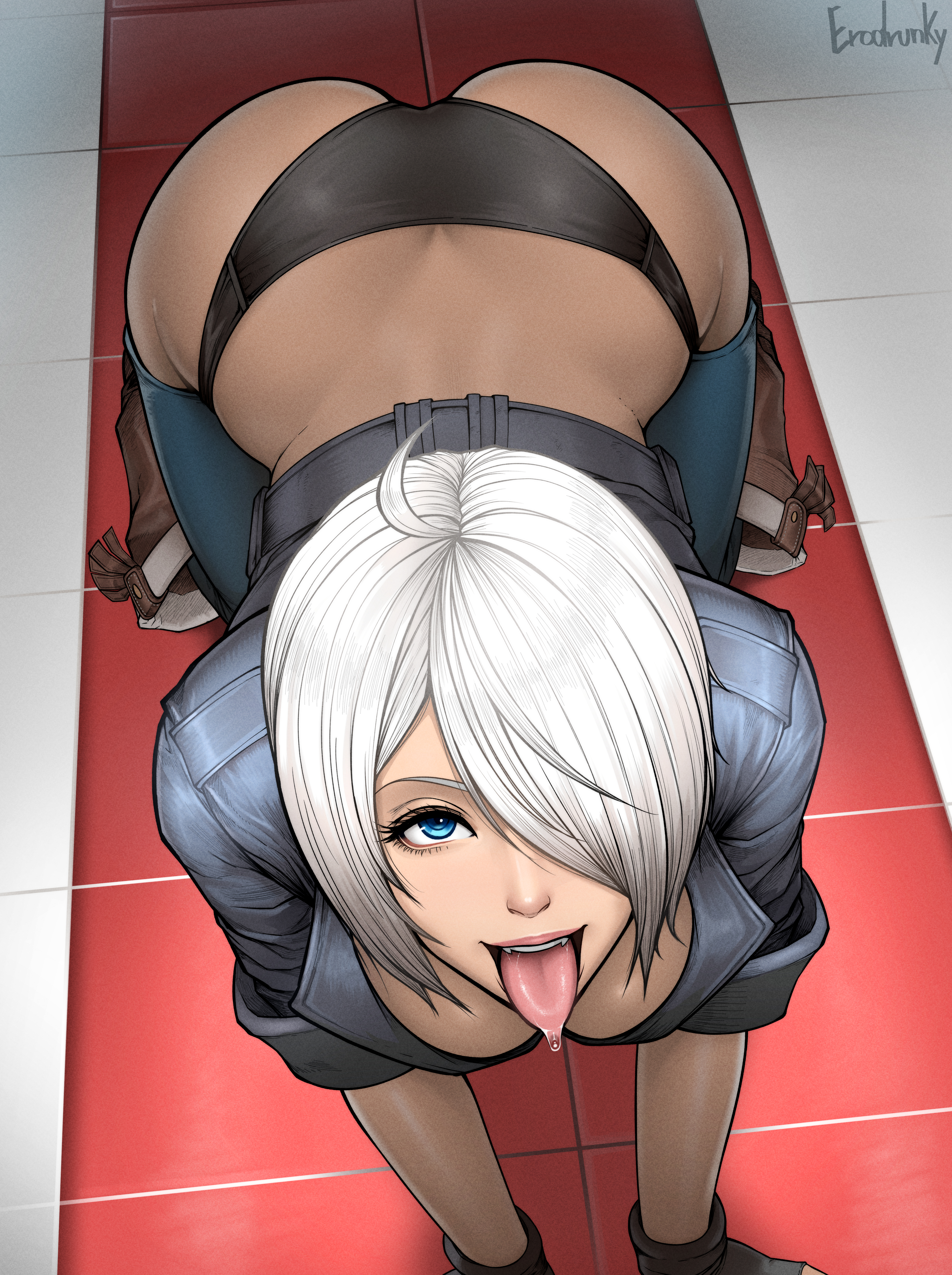 1boy, angel (kof), backless pants, black jacket, blue eyes, boots, breasts, chaps, cowboy boots, erodrunky, female, inviting, jacket, king of fighters, large breasts, leather, leather jacket, long sleeves, looking at viewer, luchador, male, oral invitation, shirt, short hair, smile, snk, the king of fighters, the king of fighters xv, tight clothes, tight shirt, tongue out, wrestler
