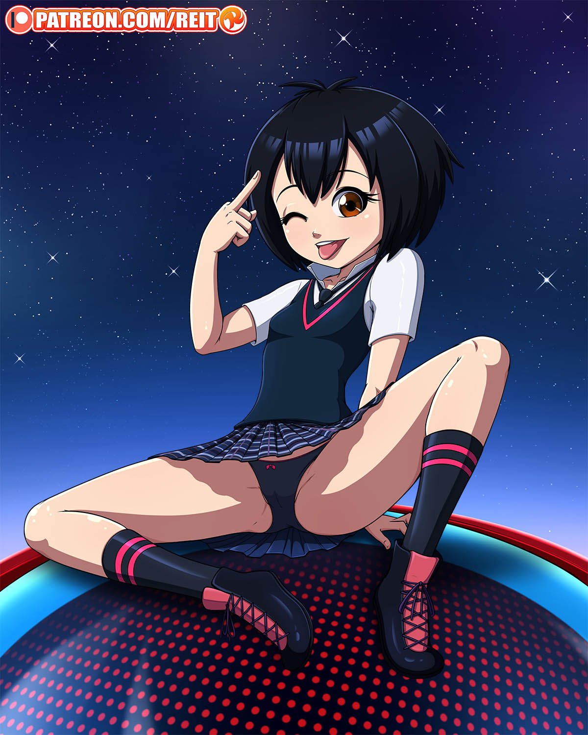 1girls, 2019, 2019s, 2d, 2d (artwork), 2d artwork, bike shorts, black hair, black necktie, black panties, black sweater vest, black underwear, blue skirt, blue sky, breasts, brown eyes, cameltoe, clothed, clothing, digital art, digital drawing, digital drawing (artwork), digital media, digital media (artwork), digital painting, digital painting (artwork), eyelashes, female, female focus, female only, footwear, gesture, gesture hand, hand gesture, highres, marvel, marvel comics, necktie, night, night sky, nighttime, one eye closed, panties, patreon username, peni parker, plaid clothes, plaid skirt, reit, robot, school desk, school uniform, shirt, shoes, short black hair, short hair, sitting, skindentation, skirt, sky, small breasts, solo, solo female, solo focus, sony corporation, sony interactive entertainment, sony pictures animation, sp//dr, spider-man (series), spider-man: into the spider-verse, spider-verse, spread legs, stars, sweater vest, teeth, tongue, tongue out, underwear, white shirt