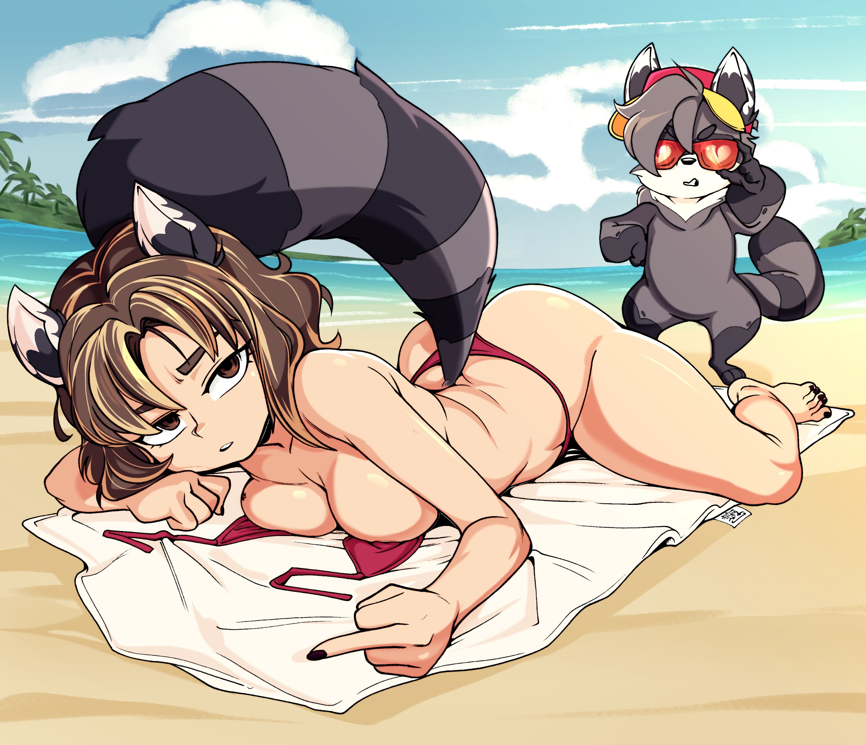 2025, 2d, 2d (artwork), 2girls, ass, beach, bikini, blonde hair, breasts, brown hair, colombian female, digital media (artwork), female, furry, glasses, miki (miko's trash can), miko (miko's trash can), miko's trash can, multicolored hair, public nudity, raccoon tail, racoon ears, racoon girl, racoon tail, red bikini, sdamhp artist, sexy body, tagme, tagme (character), virtual youtuber, vtuber, youtube, youtube hispanic, youtuber
