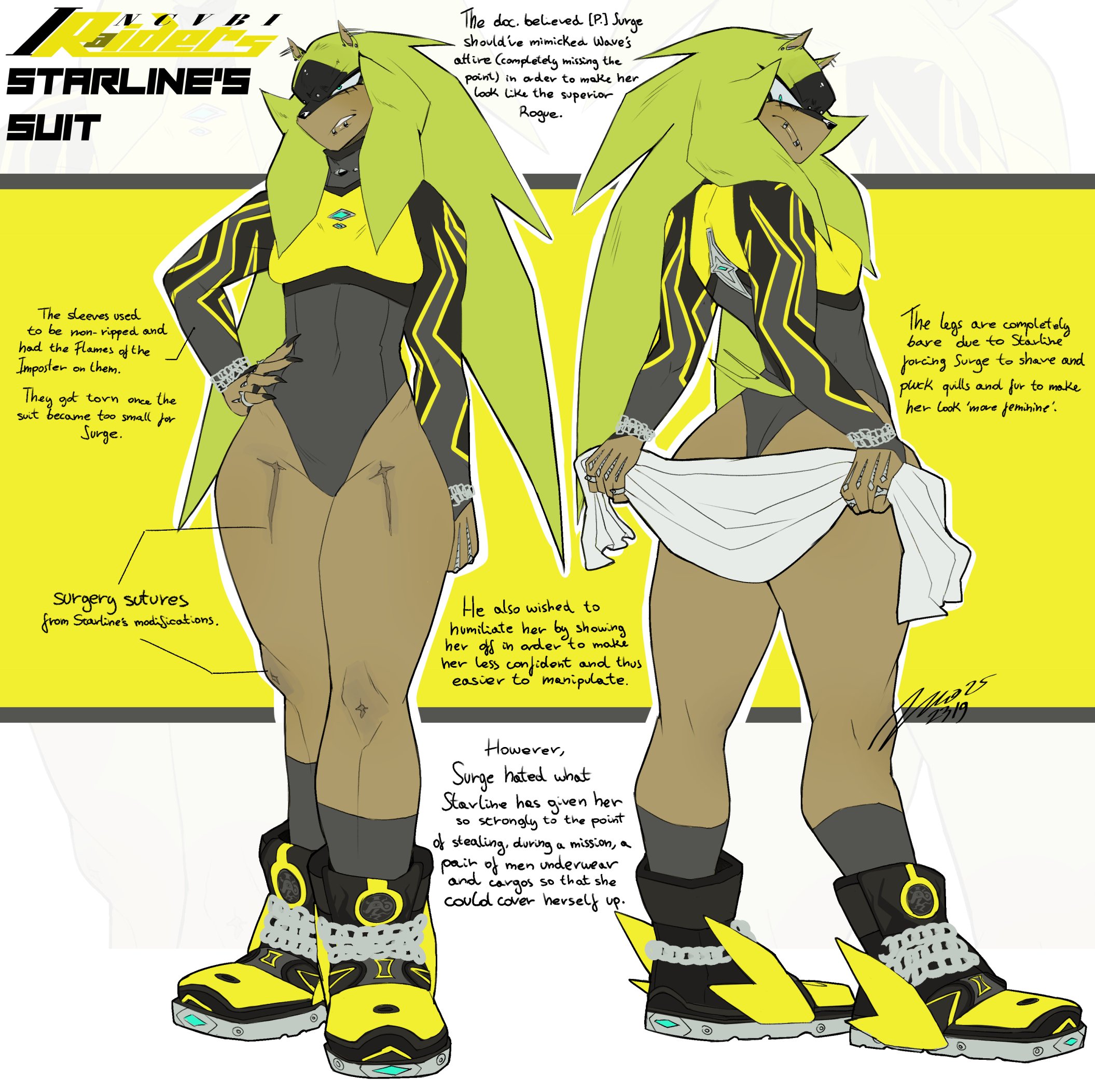  o          8 (artist), afrosoricid, alternate costume, alternate hairstyle, alternate skin color, annoyed expression, chain bracelet, covering ass, ear piercing, embarrassed, english text, exposed thighs, female, forced presentation, goes hard, holding towel, humiliation, leotard, lip piercing, looking away, muscular, muscular female, muscular thighs, reference sheet, scar, shaved legs, sonic (series), sonic the hedgehog (idw), surge the tenrec, thick thighs, tomboy, tomboy feminized