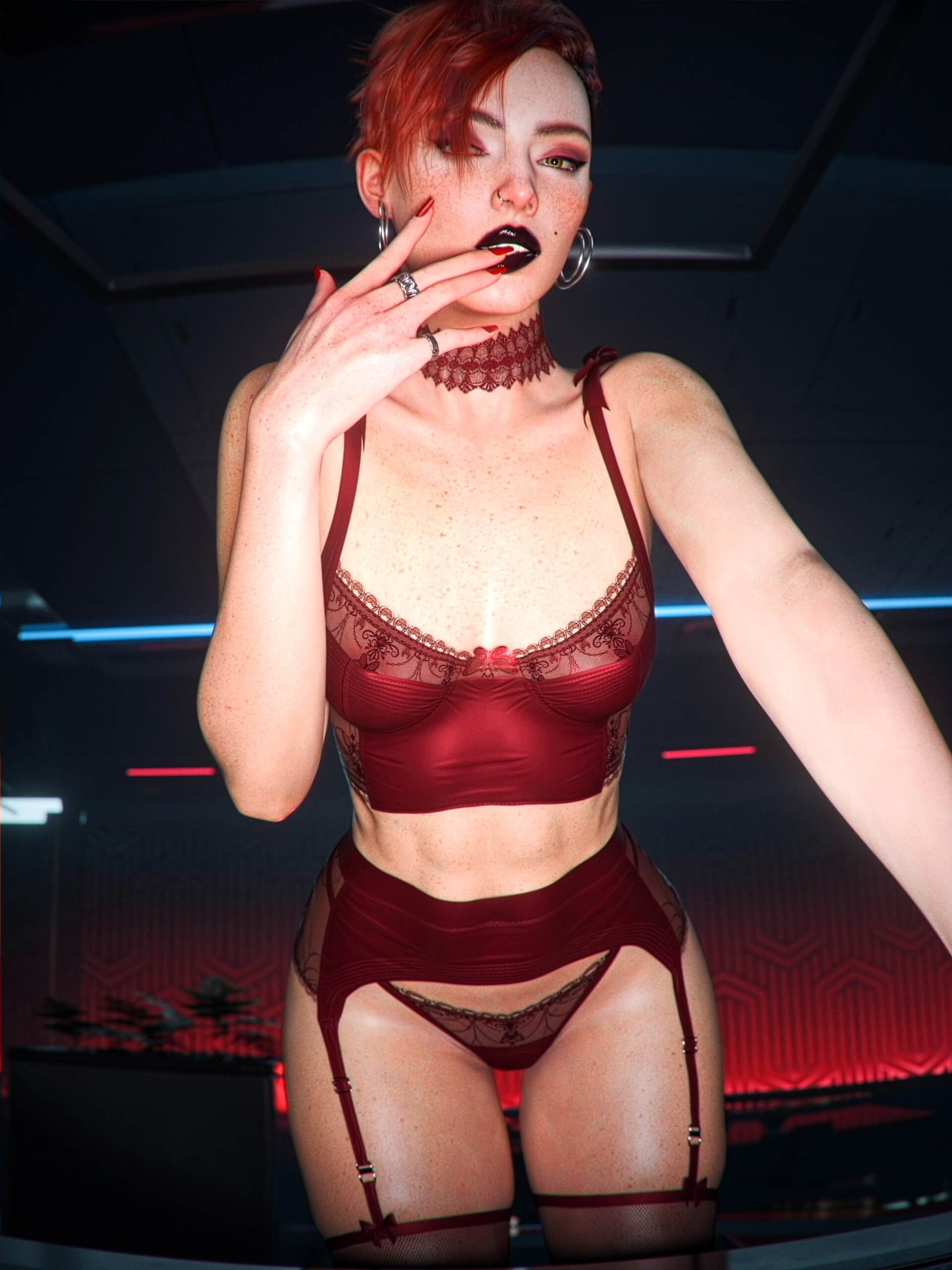 3d, aurore cassel, black lipstick, cd projekt red, checkpik, cyberpunk 2077, earrings, fingers on lips, freckles, garter straps, lingerie, looking at viewer, red choker, red hair, red lingerie, rings