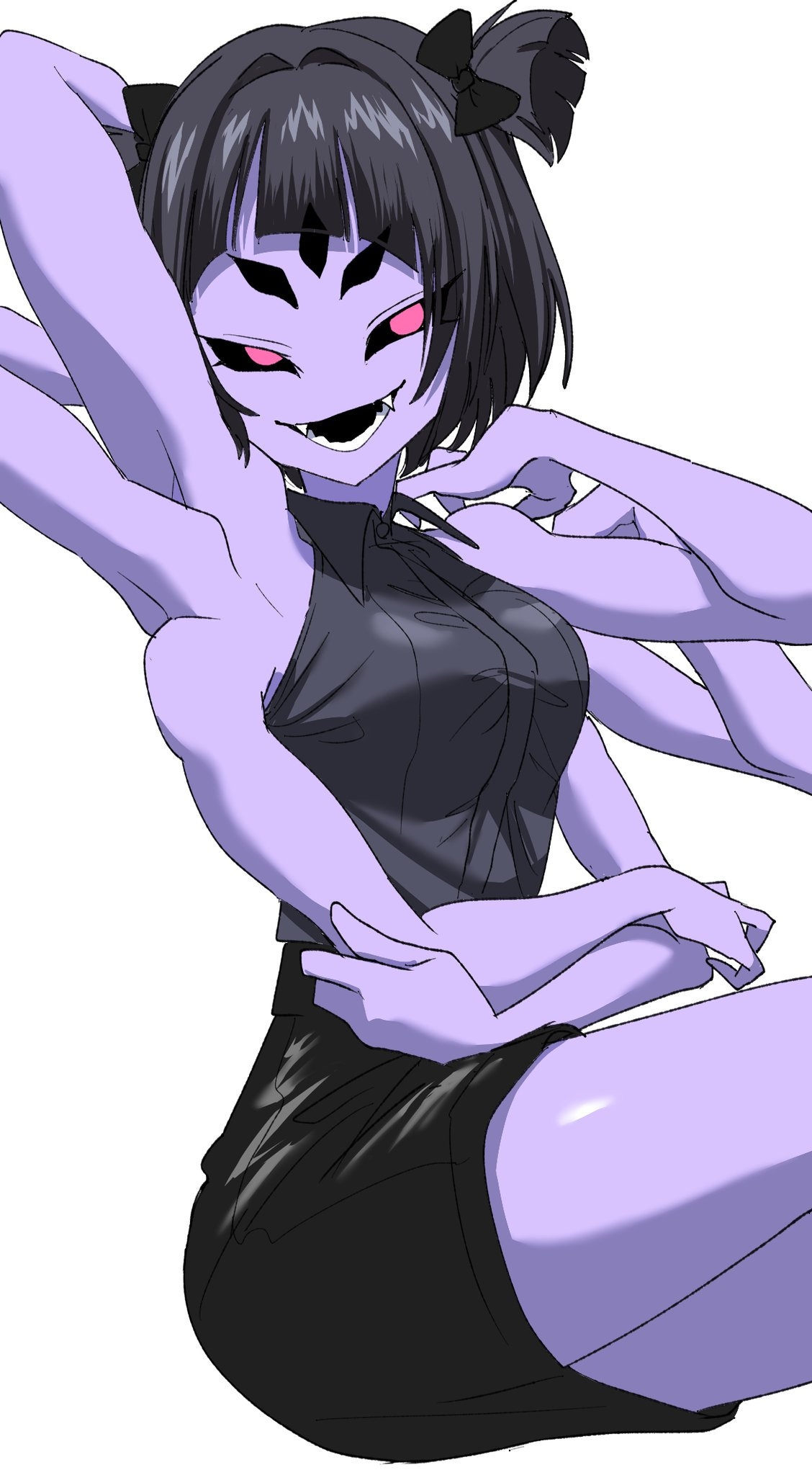 5 eyes, armpits, arms up, big breasts, breasts, fangs, female, ilo a5, looking at viewer, monster girl, muffet, office lady, solo, solo female, spider girl, thick thighs, undertale, undertale (series)