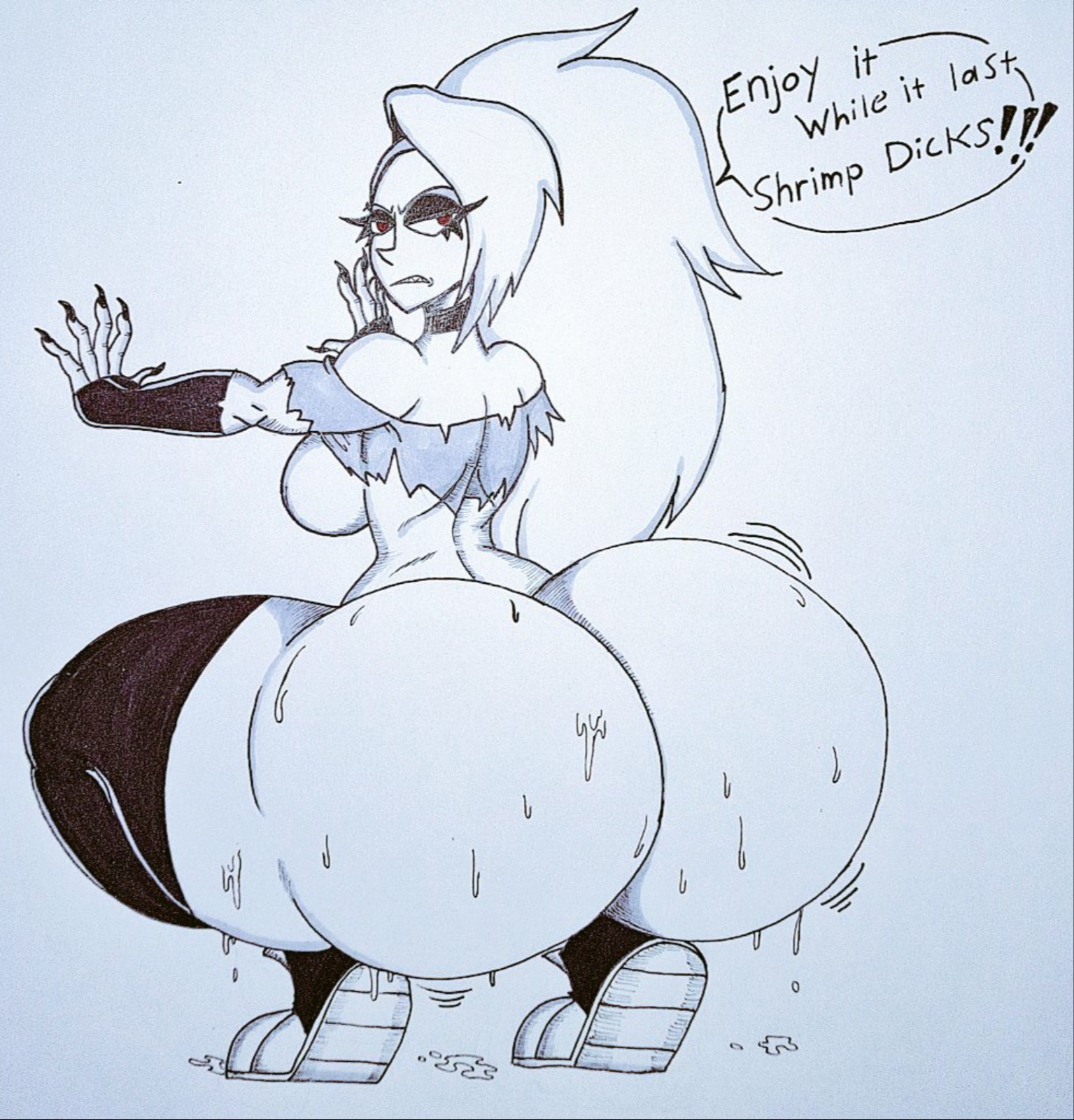 1girls, 2d, 2d (artwork), angry, angry face, arched back, ass, ass crack, ass shake, big ass, big breasts, big butt, bottom heavy, breasts, bubble ass, bubble butt, butt crack, claws, collar, dialogue, english dialogue, english text, fat ass, fat butt, female, female only, giant ass, goth, hands on wall, helluva boss, huge ass, huge butt, human loona, humanized, large ass, large butt, leggings, looking at viewer, looking back, loona (helluva boss), nutboiart8008, plump ass, seductive, sidecut, speech bubble, squatting, sweat, sweatdrop, text, thick ass, thick thighs, traditional media (artwork), twerking, vivienne medrano, wide hips