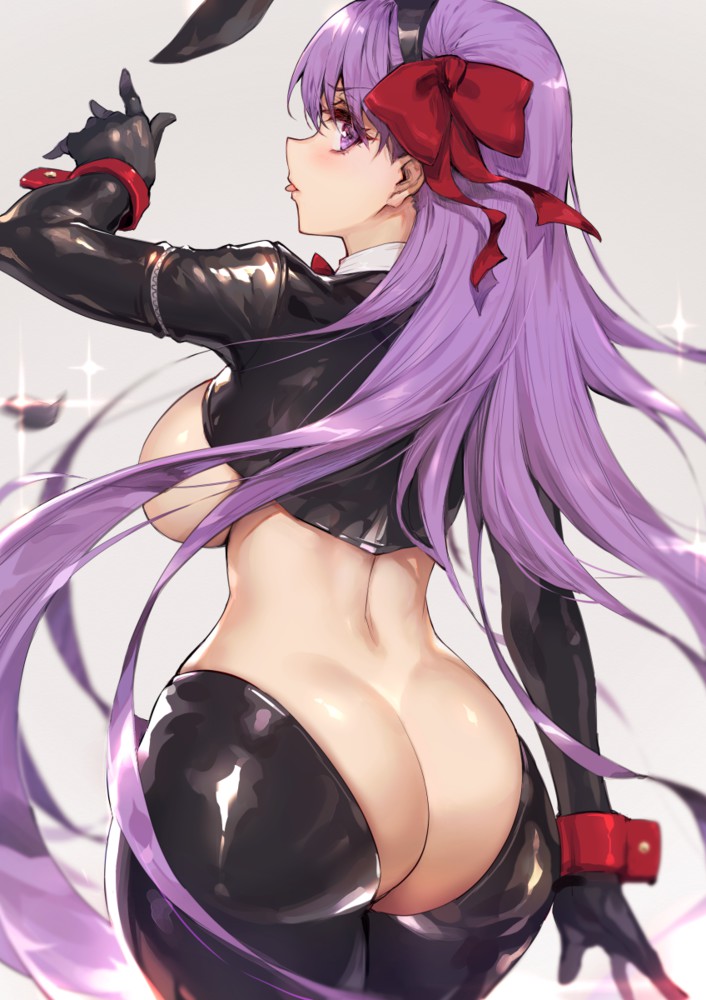 ass ass_cleavage bangs bb_(fate) big_breasts breasts butt_crack fate/extra_ccc fate/grand_order fate_(series) hair_ribbon haoni looking_at_viewer purple_hair reverse_bunnysuit sideboob