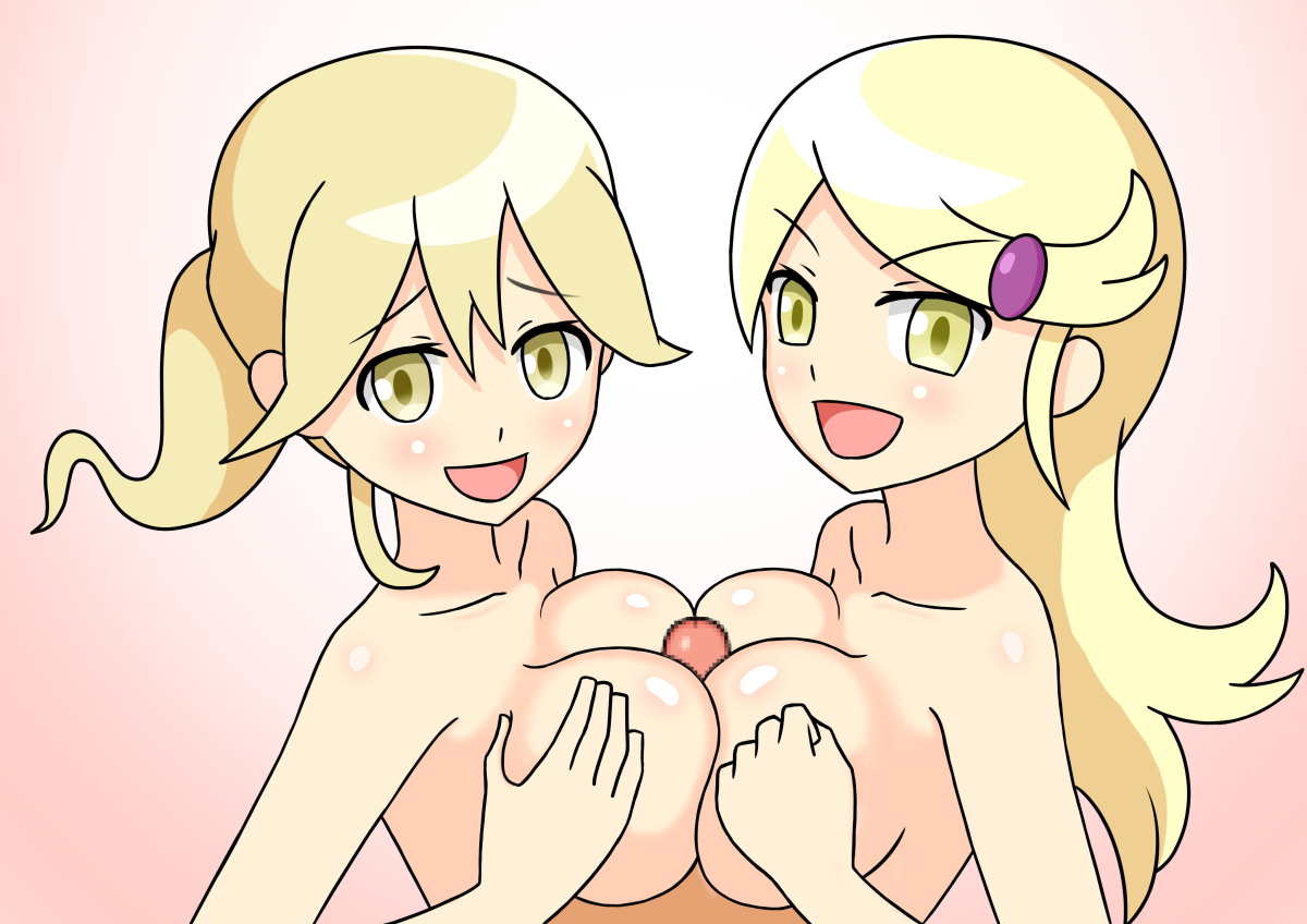 1boy, 2girls, ace trainer (pokemon xy), ace trainer (pokemon), artist request, astrid (pokemon), blonde hair, breasts, double paizuri, female, female focus, ffm threesome, lass (pokemon xy), lass (pokemon), male, nintendo, npc trainer, outercourse, paizuri, penis, pokemon, pokemon xy, yellow eyes, yellow hair