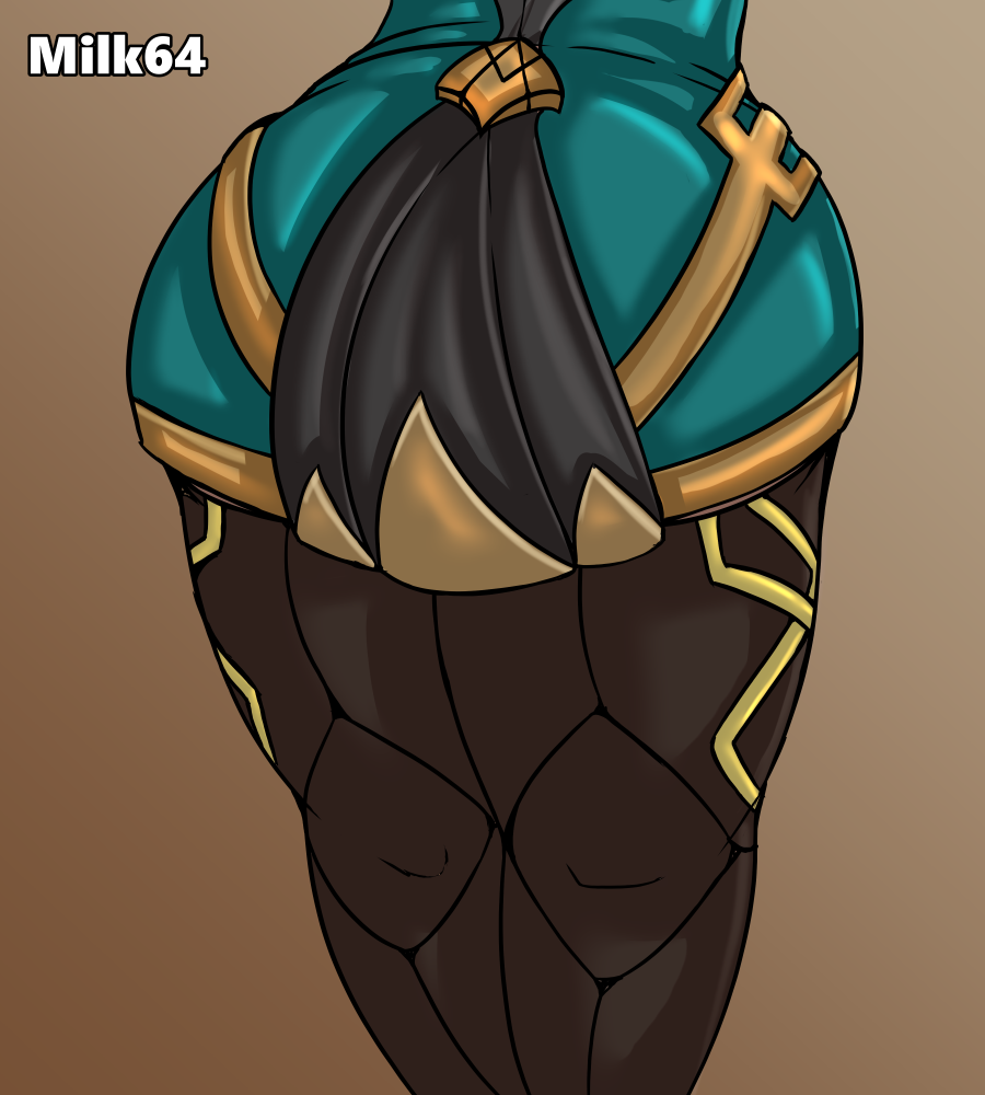 2021 artist_name ass ass_focus clothed dark-skinned_female gradient_background league_of_legends leggings legwear milk64 qiyana_yunalai skirt thick_thighs