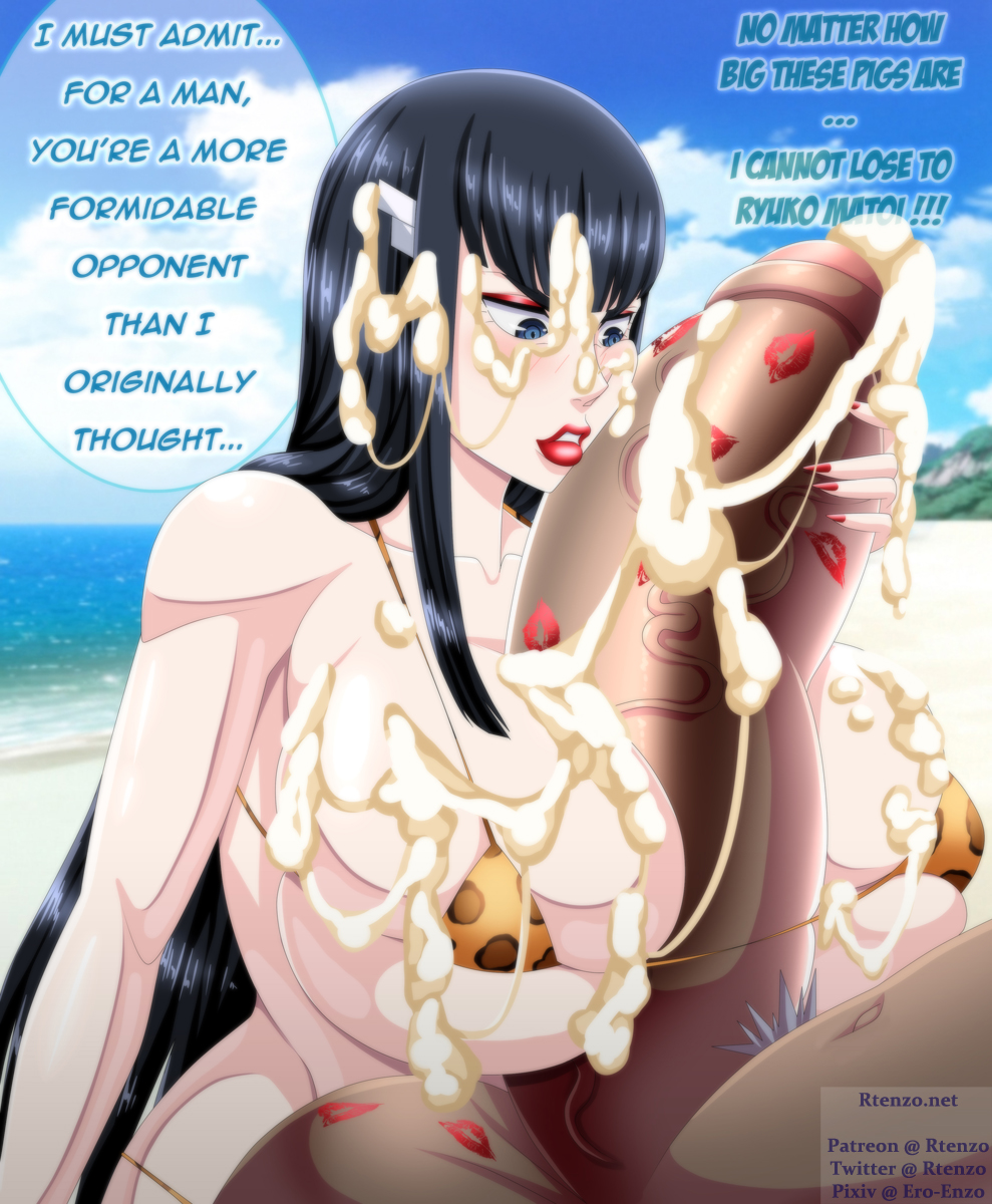 balls, big penis, bikini, bikini top, black hair, breasts, bukkake, cum, cum all over, dark hair, dark skin, dark-skinned male, dialogue, ero-enzo, female, hyper, hyper breasts, hyper penis, interracial, kill la kill, kiryuuin satsuki, kiss mark, lipstick, makeup, male, penis, pubic hair