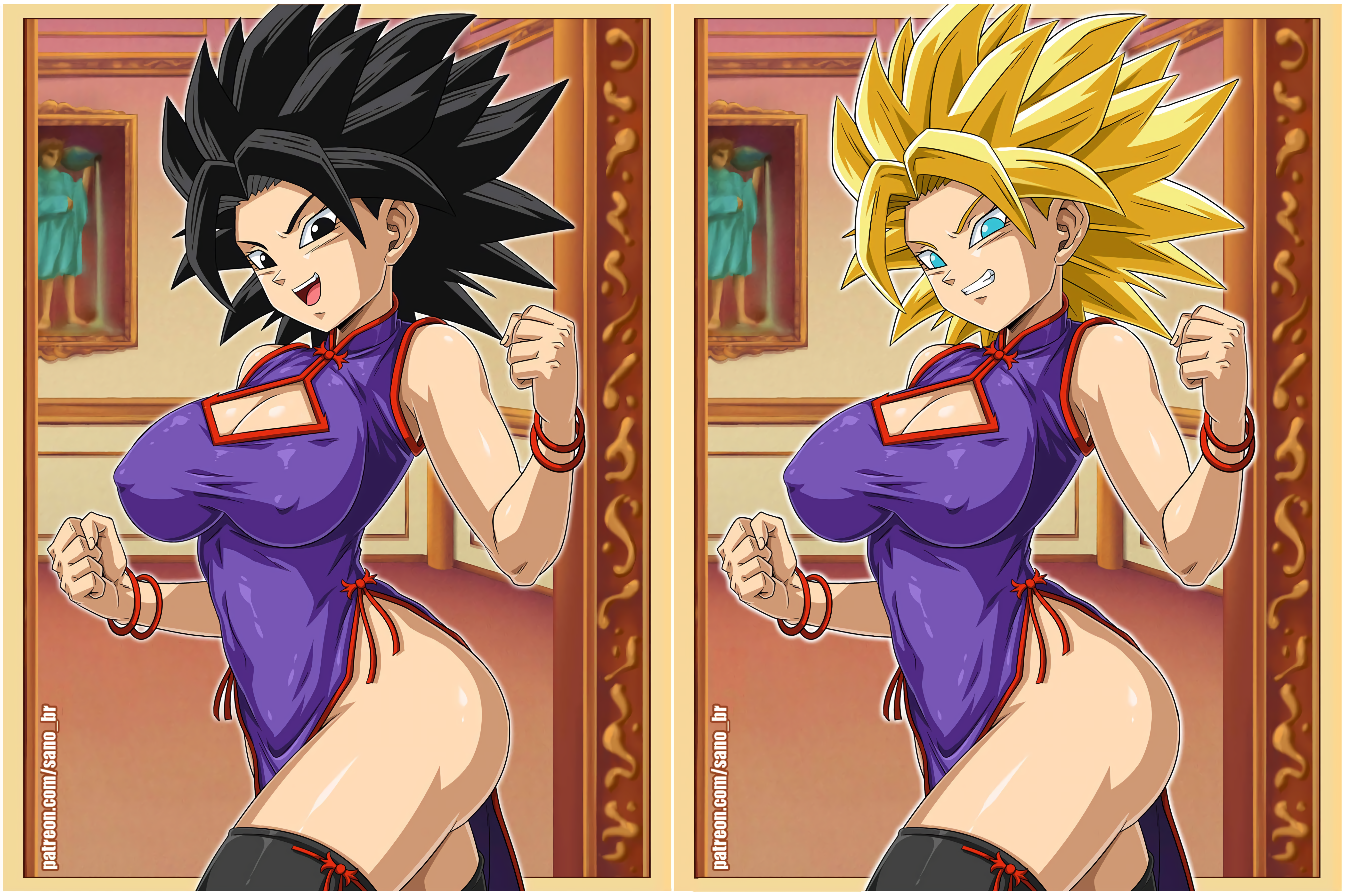 1girls, absurd res, alternate version available, artist name, ass, bare shoulders, big ass, big breasts, big butt, black eyes, black hair, blonde hair, blue eyes, boob window, bracelet, breasts, caulifla, chinese clothes, cleavage, cleavage cutout, clothed, covered navel, covered nipples, cowboy shot, curvaceous, curvy, curvy figure, dragon ball, dragon ball super, dress, erect nipples, erect nipples under clothes, female, female only, fully clothed, green eyes, groin, hi res, high resolution, highres, hourglass figure, huge breasts, large breasts, legs, legwear, light skin, light-skinned female, linea alba, loincloth, long hair, looking at viewer, looking to the side, navel, nipple bulge, nipples, nipples visible through clothing, no bra, no panties, no pants, nopan, open mouth, open-mouth smile, pelvic curtain, pose, posing, presenting, qipao, revealing clothes, saiyan, sano-br, shiny skin, shounen jump, side slit, sidelocks, slim waist, solo, solo female, spiky hair, super saiyan, thick thighs, thighhighs, thighs, thin waist, traditional clothes, universe 6 saiyan/universe 7 saiyan, wide hips