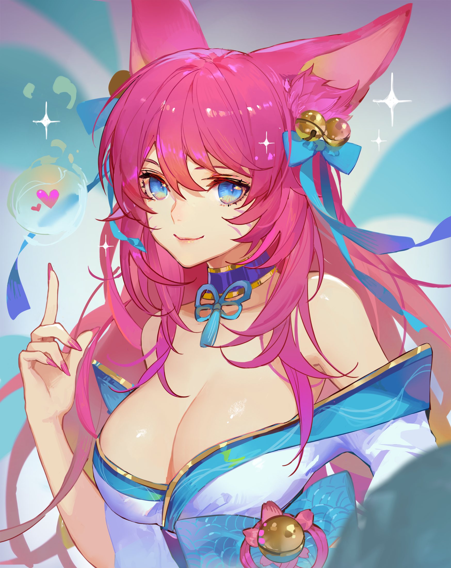 1girls, ahri, blue eyes, breasts, cat ears, female, kyomon, league of legends, pink hair, spirit blossom ahri, spirit blossom series, tagme