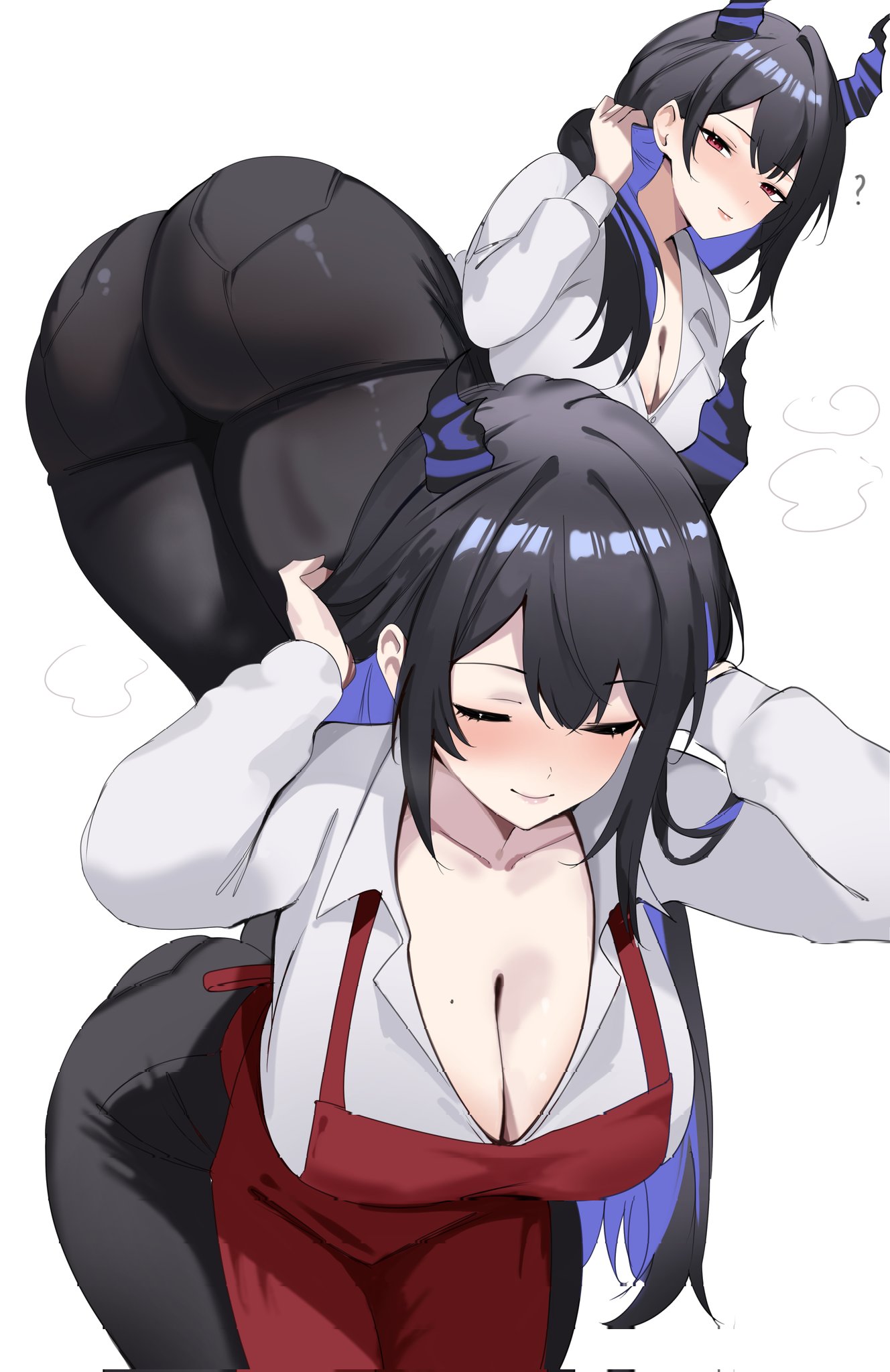 ?, 1girl, apron, ass, asymmetrical horns, bent over, big breasts, black hair, black horns, black pants, blue hair, breasts, cleavage, closed eyes, closed mouth, collared shirt, colored inner hair, commentary, demon horns, highres, hololive, hololive english, horns, large breasts, light-skinned female, long hair, long sleeves, looking at viewer, meeko illus, mole, mole on breast, multicolored hair, nerissa ravencroft, nerissa ravencroft (casual), official alternate costume, pants, purple hair, red apron, red eyes, shirt, simple background, solo, solo female, tight clothes, tight pants, two-tone hair, uneven horns, untranslatable commentary, virtual youtuber, white background, white shirt
