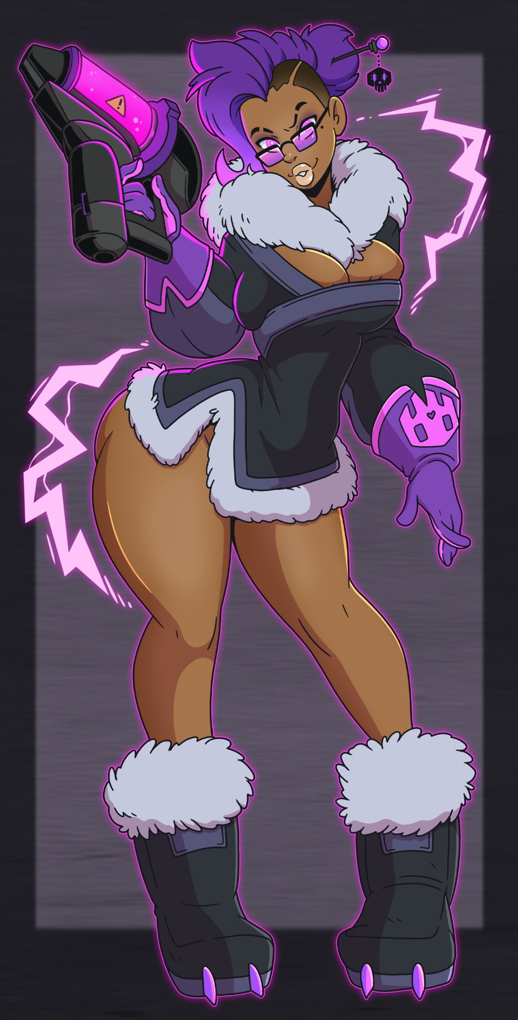 big breasts, bimbo, bimbofication, boots, bottomless, bubble ass, bubble butt, dark skin, dark-skinned female, female only, femsub, fusion character, huge ass, large breasts, mei (overwatch), mei (overwatch) (cosplay), overwatch, possession, purple eyes, purple hair, sombra, thick thighs, twinning, wrenzephyr2