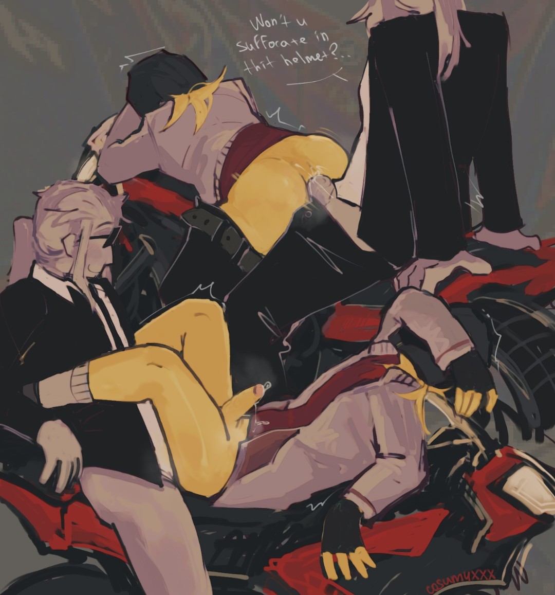 black gloves, black jacket, chance (forsaken), cosum4xxx, cum, dick, dick in ass, elliot (forsaken), elliot (work at a pizza place), glasses, glasses on face, helmet, motorcycle, no pants, paycheck forsaken, penis, penis in ass, red shirt, smirking, white jacket, white shirt, yellow body, yellow hair