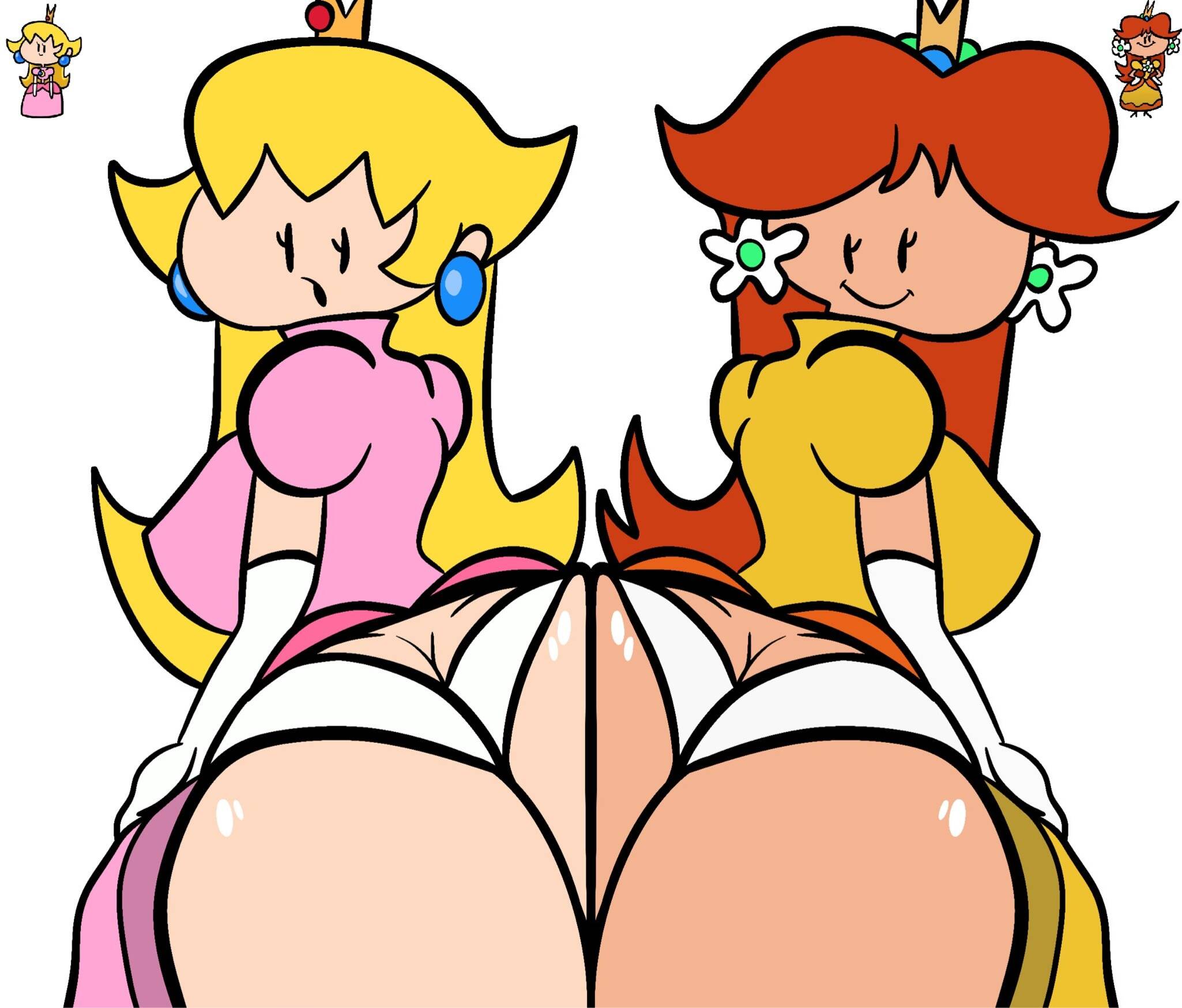 2girls, absurd res, absurd resolution, absurdres, ass, ass cleavage, ass crack, ass focus, ass to ass, ass-to-ass, asses touching, big ass, big breasts, big butt, black eyes, blonde hair, bottom heavy, breasts, brown hair, bubble ass, bubble butt, busty, butt crack, cartoony, crown, curvaceous, curvy, curvy female, curvy figure, curvydoodles, dress, dumptruck ass, dumptruck butt, earrings, eyelashes, fat ass, female, female focus, female only, flower earrings, glistening, glistening body, glistening butt, glistening skin, hi res, high resolution, highres, huge ass, huge butt, large ass, large breasts, light skin, light-skinned female, long hair, mario (series), nintendo, panties, pink dress, princess, princess daisy, princess peach, royalty, shiny, shiny ass, shiny butt, shiny skin, sideboob, simple background, super mario bros., tagme, terminalmontage, thick ass, thick thighs, thighs, underwear, voluptuous, voluptuous female, white background, white panties, white underwear, yellow dress
