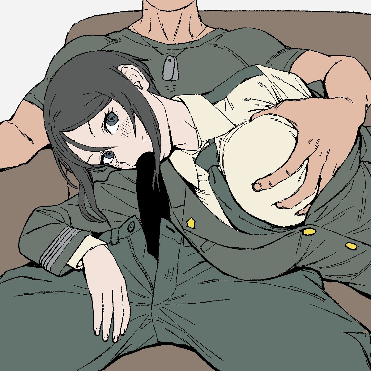 1boy1girl, big breasts, black hair, censored, chouno ami, clothed, clothed sex, dress shirt, fellatio, fully clothed, girls und panzer, grabbing another's breast, military uniform, onsen tamago (hs egg), tie, uniform