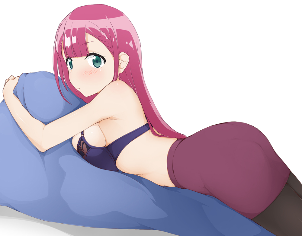 1girls, ass, bokutachi wa benkyou ga dekinai, bra, breasts, female, female only, kirisu mafuyu, long hair, looking at viewer, lying, pantyhose, partially clothed, pink hair, sideboob, skirt, solo, teacher