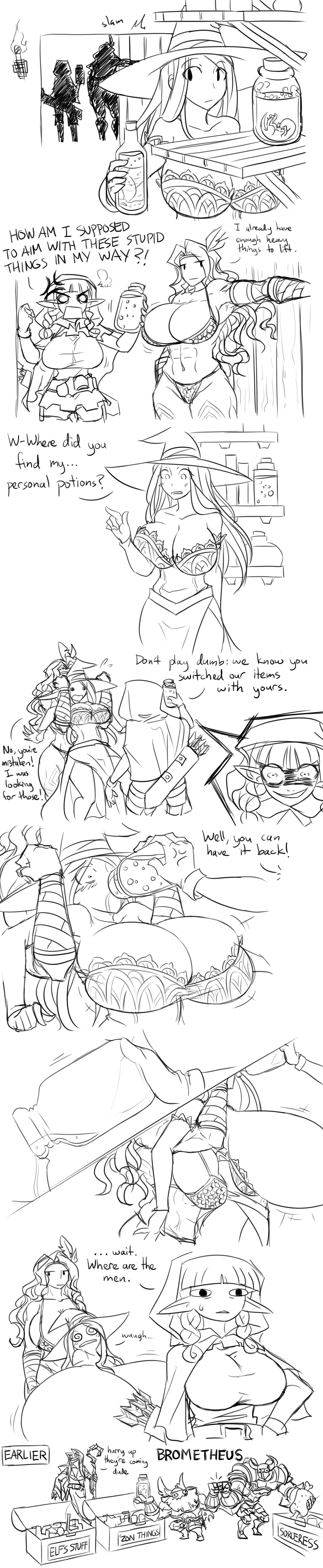 3girls, amazon (dragon's crown), big breasts, breast expansion, breast growth, breast growth (enlargement), breasts, cleavage, dragon's crown, elf (dragon's crown), female, humor, line art, matsu-sensei, multiple females, multiple girls, sorceress (dragon's crown), tagme
