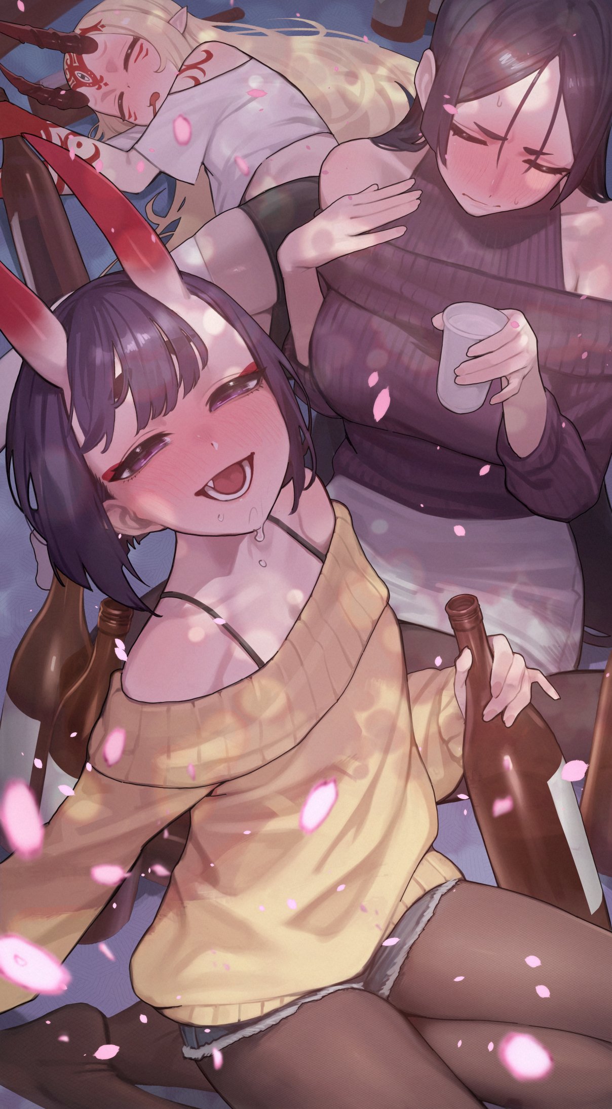 3girls, alcohol, bare shoulders, black shorts, black sweater, blonde hair, bottle, breasts, brown pantyhose, chorogon, closed eyes, cup, denim, denim shorts, drunk, eyeliner, facial mark, fate series, fate/grand order, forehead, highres, horns, ibaraki douji (fate), looking at viewer, lying, makeup, minamoto no raikou (fate/grand order), multiple girls, off shoulder, on side, oni, open mouth, pantyhose, pencil skirt, petite, purple eyes, purple hair, red hands, sake bottle, shirt, short eyebrows, short hair, shorts, shuten douji (fate), skirt, small breasts, smile, sweater, tattoo, very long hair, white shirt, yellow sweater