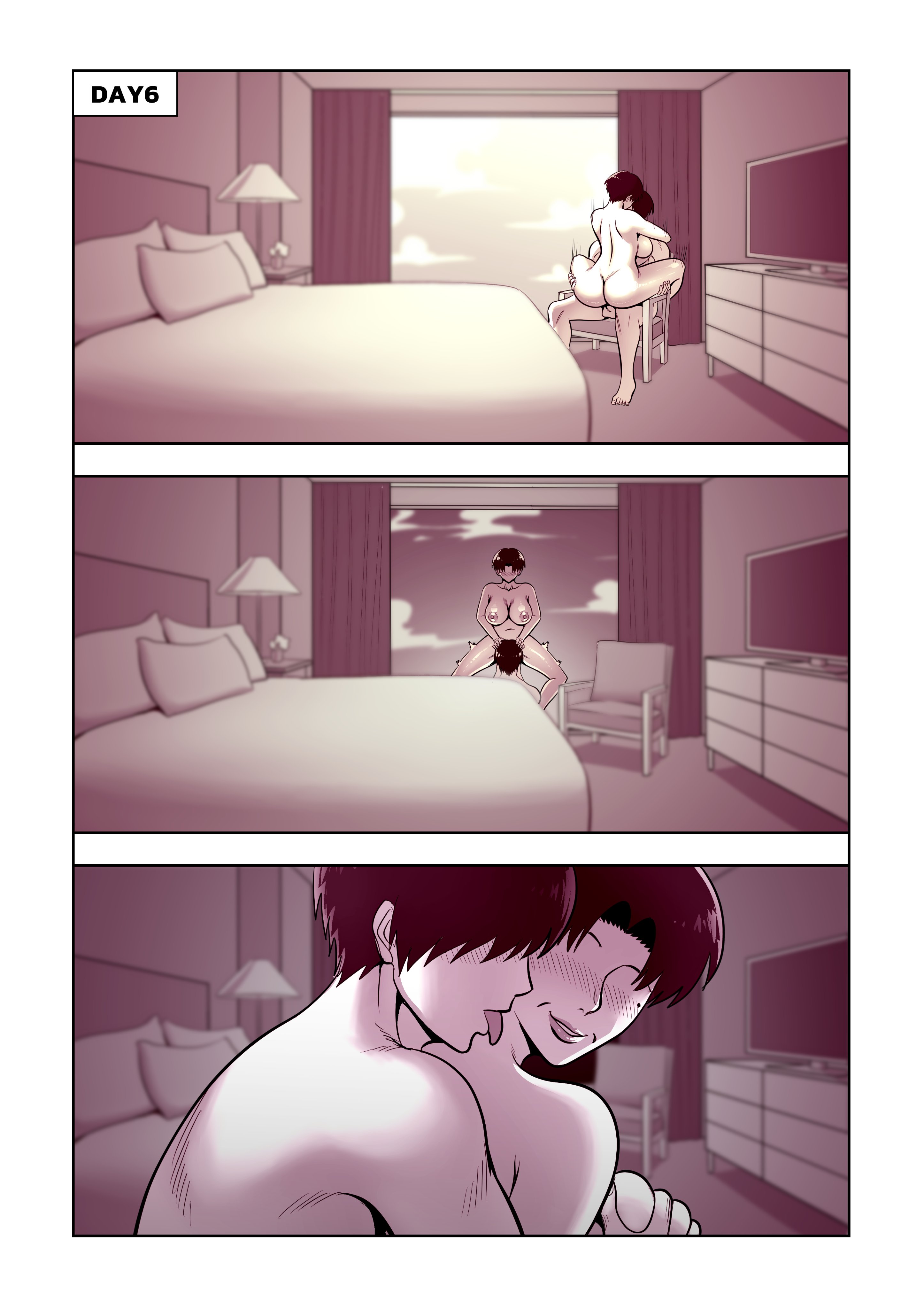 1boy1girl, 2d, absurd res, age difference, alamama, ass, big ass, big butt, comic, cowgirl position, cunnilingus, cute, digital drawing (artwork), enjoying, from behind, from behind position, happy, happy sex, hi res, holding, holding partner, hotel room, incest, incestuous, kiss, kissing, kissing neck, milf, mother, mother and son, multiple poses, oc, older female, older female and younger male, original character, original characters, romantic, romantic couple, romantic sex, short hair, sitting on chair, smile, smiling, time lapse, wholesome, younger male