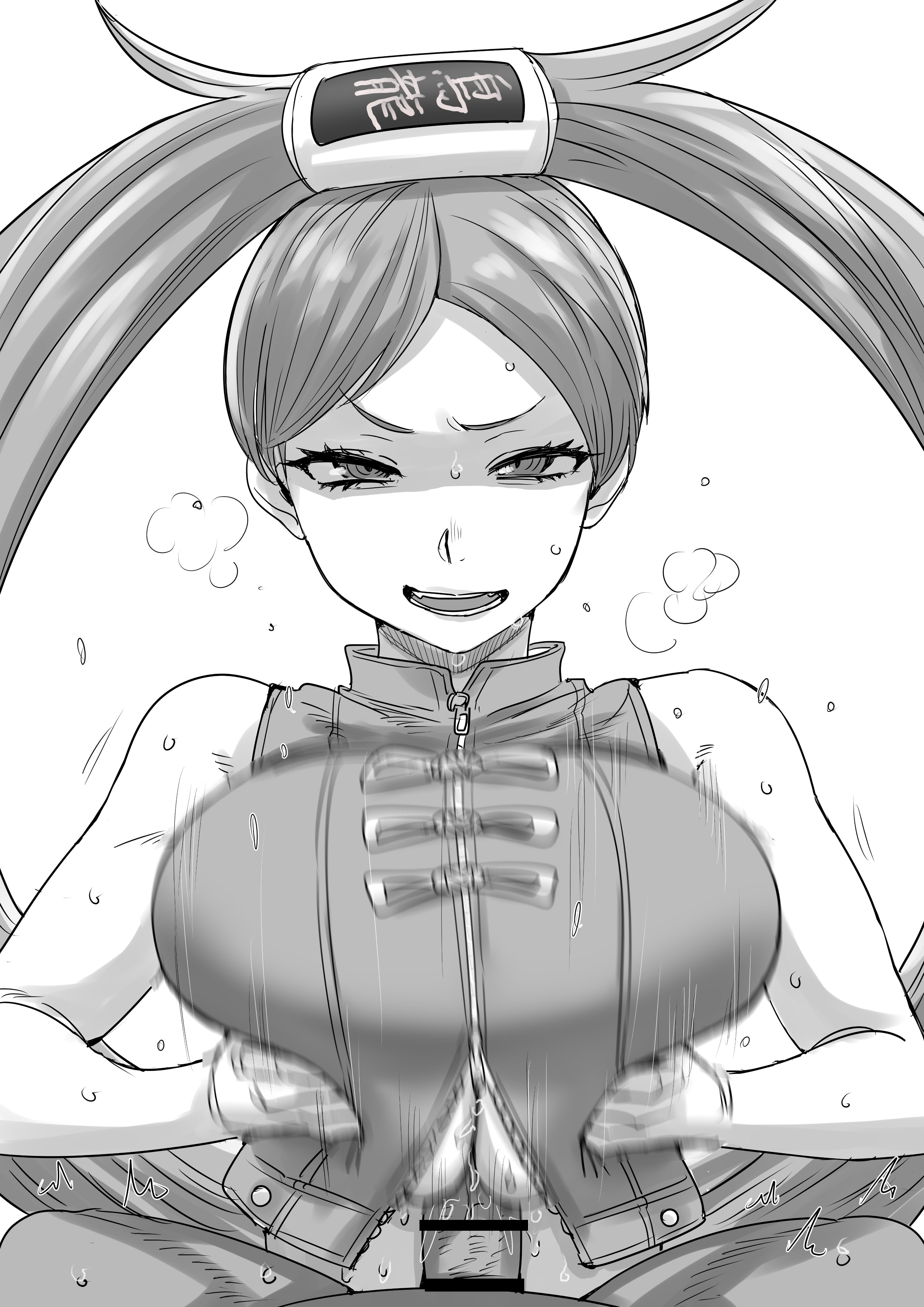1boy, 1girls, alternate breast size, asian female, big breasts, breast hold, breasts, breath cloud, chinese female, clothed paizuri, clothed sex, furrowed brow, glare, guilty gear, guilty gear strive, happy, happy paizuri, happy sex, huge breasts, kaiman garupan, kuradoberi jam, large breasts, monochrome, motion blur, paizuri, paizuri lead by female, paizuri on lap, paizuri under clothes, pov, squished breasts, straight, underboob, underboob cutout