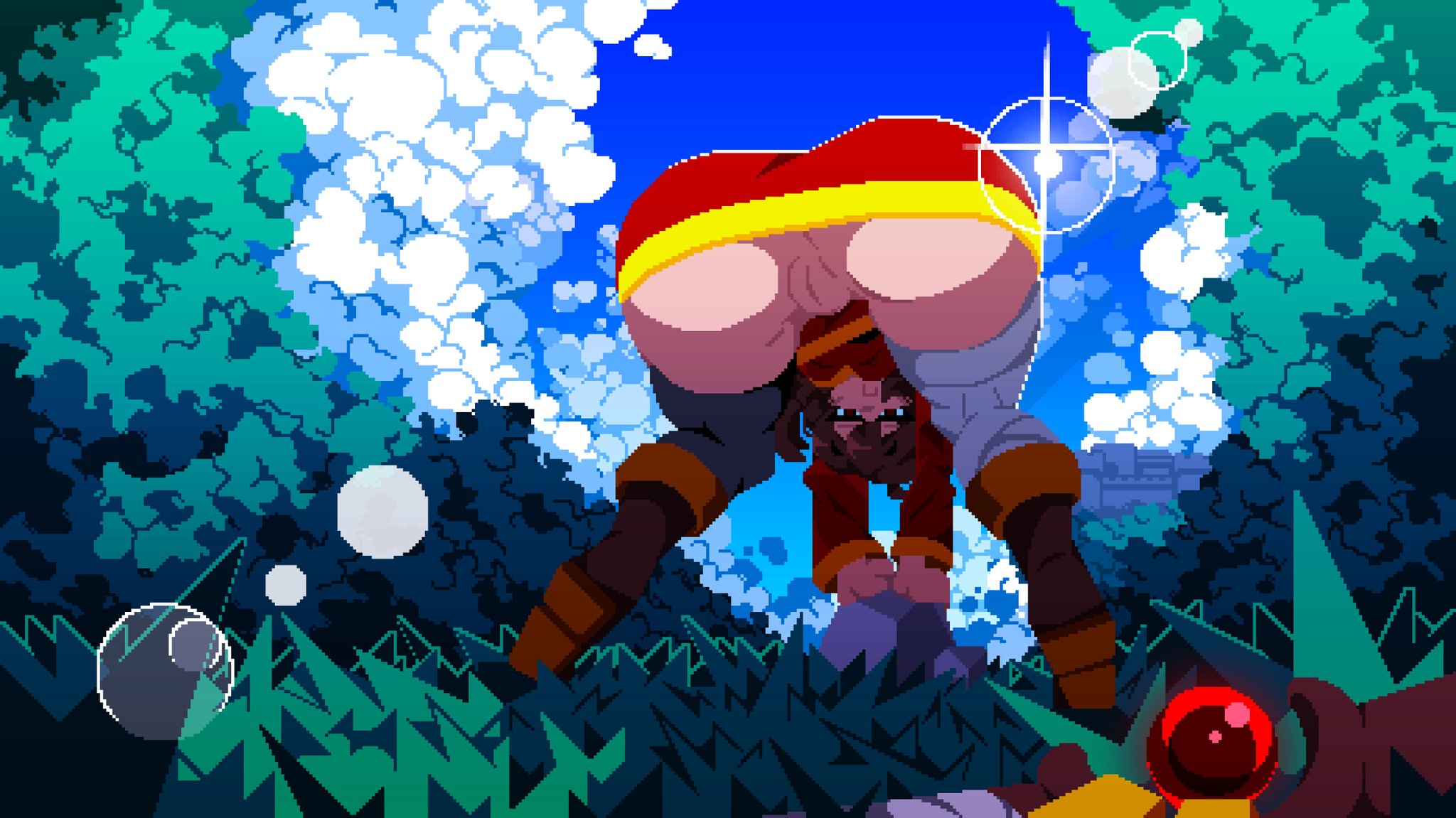 1girls, ass, ass focus, ass up, background, bare ass, big ass, big thighs, black panties, blush, blushing at viewer, blushing female, bottomless, brown hair, female, kono subarashii sekai ni shukufuku wo!, looking at viewer, looking back, megumin, outdoors, pixel art, red eyes, tamaco, thick thighs, thighhighs, thighs, watermark, wide hips, witch, witch hat
