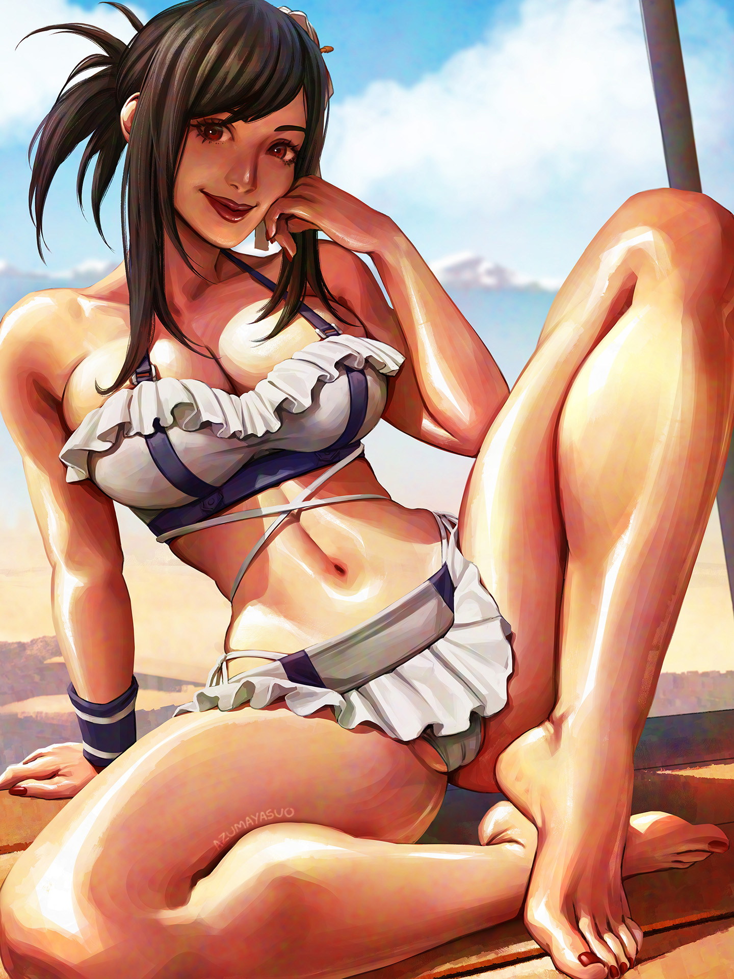 1girls, ass, azuma yasuo, azumaarts, big breasts, bikini, bikini bottom, bikini top, black hair, breasts, earrings, final fantasy, final fantasy vii, final fantasy vii rebirth, final fantasy vii remake, fit, highres, hourglass figure, long hair, posing, red eyes, swimwear, thick thighs, tifa lockhart, tifa lockhart (shining spirit)
