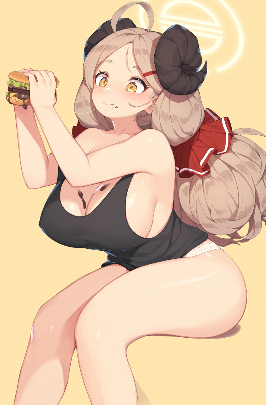 1girls, ass, big ass, big breasts, big hips, blue archive, breasts, burger, ce- -3, cleavage, dripping, female, female only, food fetish, food on body, gehenna academy student, gourmet research society (blue archive), hair clips, hamburger, horns, huge breasts, izumi (blue archive), no pants, pepper0, pink hair, saliva trail, sheep horns, sideboob, sitting, solo, tank top, thick, thick thighs, white panties