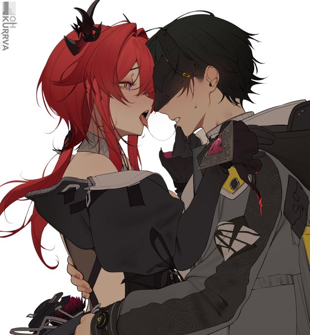 2d, arknights: endfield, arms on shoulders, endministrator (arknights: endfield), female, hetero, horns, horny expression, kissing, laevatain (arknights: endfield), looking at another, male, male endministrator (arknights: endfield), no sex, ohkurrva, red hair, saliva, saliva string, saliva trail
