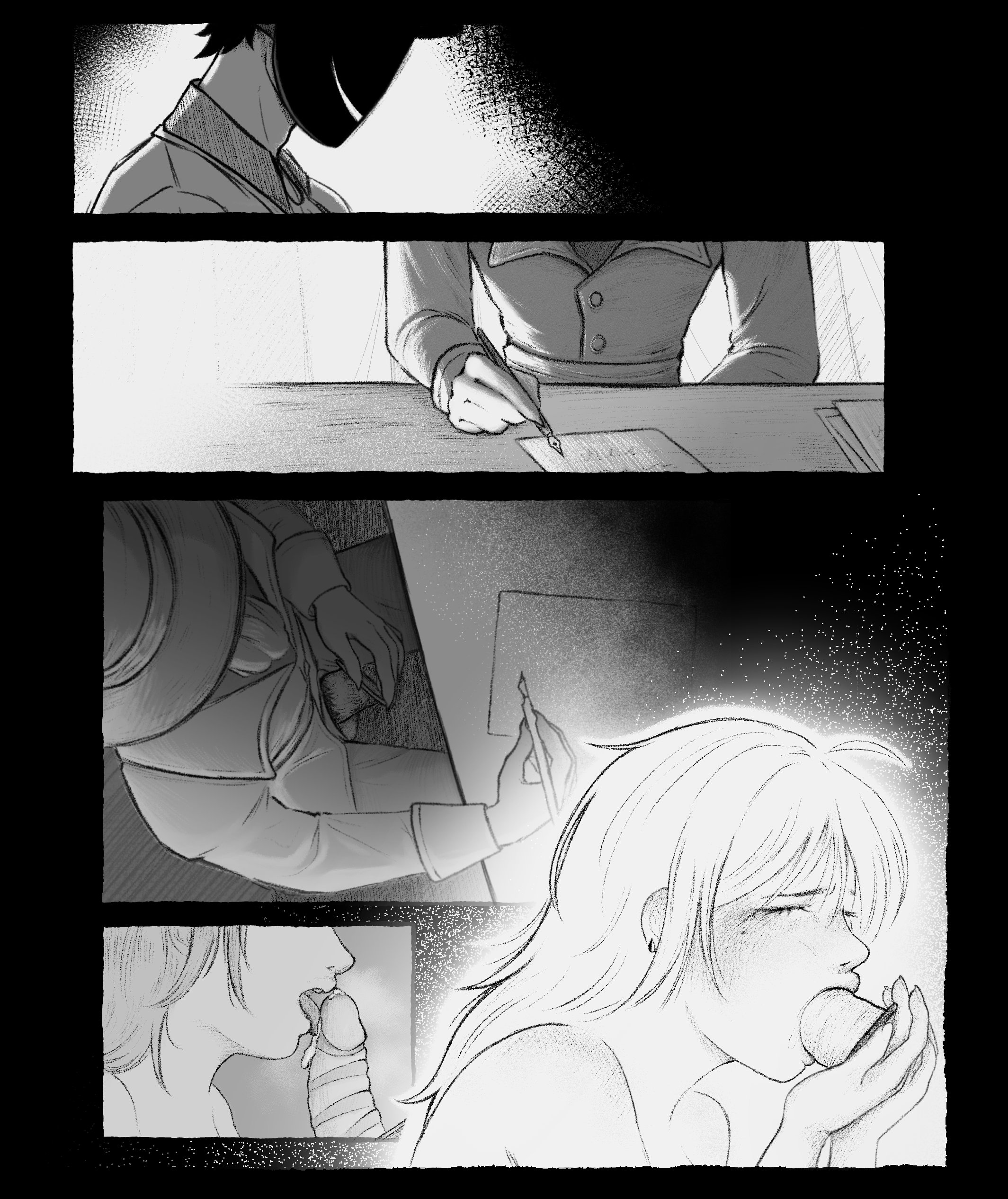 black and white, blowjob, blowjob face, blowjob under table, comic page, licking cum, licking penis, male/female, masked male, monochrome, nude female clothed male, original character, smiling at partner, the freak circus, ticket taker (the freak circus), top hat, topless female