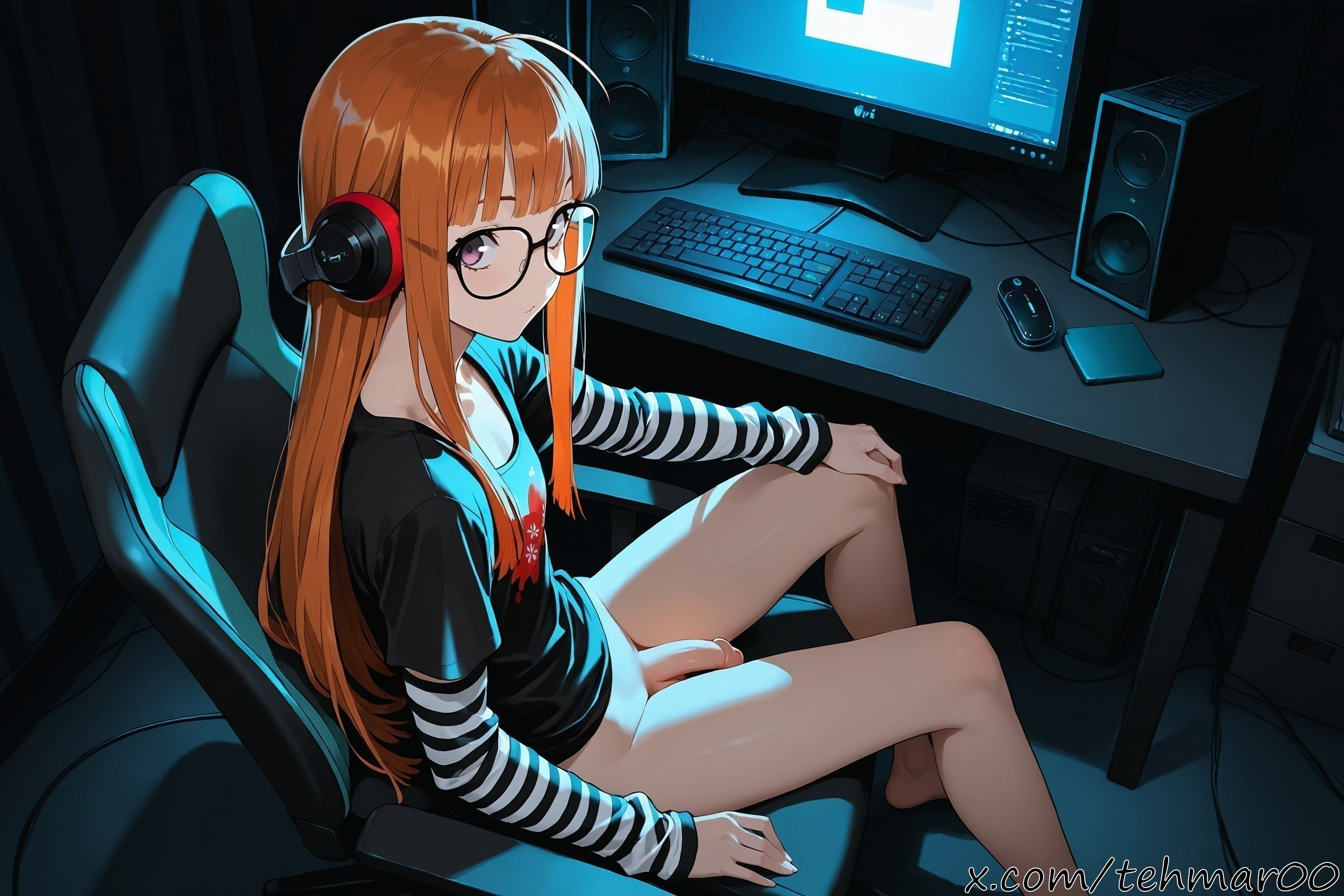 1boy, ahoge, ai generated, atlus, bangs, behind-the-head headphones, black-framed eyewear, bottomless, chair, computer, computer chair, femboy, genderswap, genderswap (ftm), glasses, headphones, indoors, keyboard, keyboard (computer), long hair, long sleeves, looking at viewer, male, monitor, mouse (computer), orange hair, persona, persona 5, purple eyes, sakura futaba, shirt, sitting, solo, tehmar, trans woman, transfem, trap
