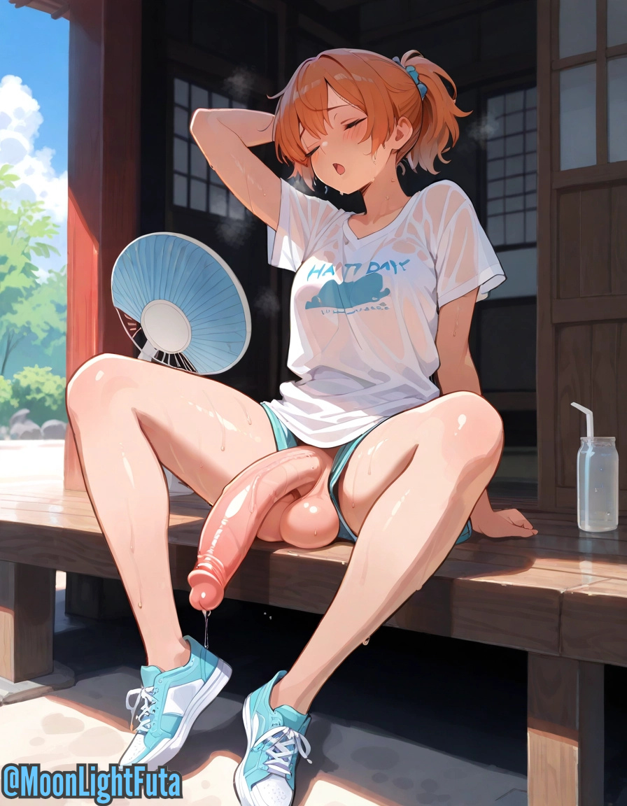 ai generated, big balls, big penis, blushing, closed eyes, day, fan, futa focus, futa only, futanari, ginger, ginger hair, heat (temperature), hot day, huge cock, japanese house, minishorts, moonlightfuta, original character, ponytail, shorts, sitting, skinny, skinny futa, solo, solo futa, sweat, sweating, t-shirt, wet clothes