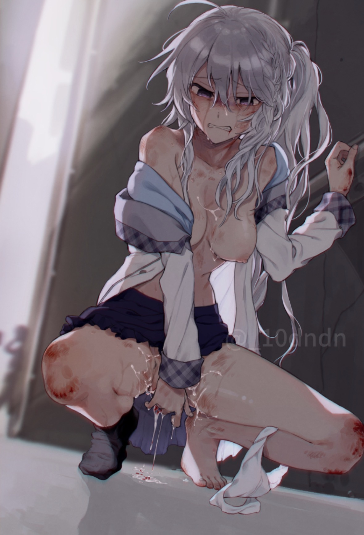 after rape, alleyway, blood, broken rape victim, crying, exposed breasts, virgin, white hair, white panties