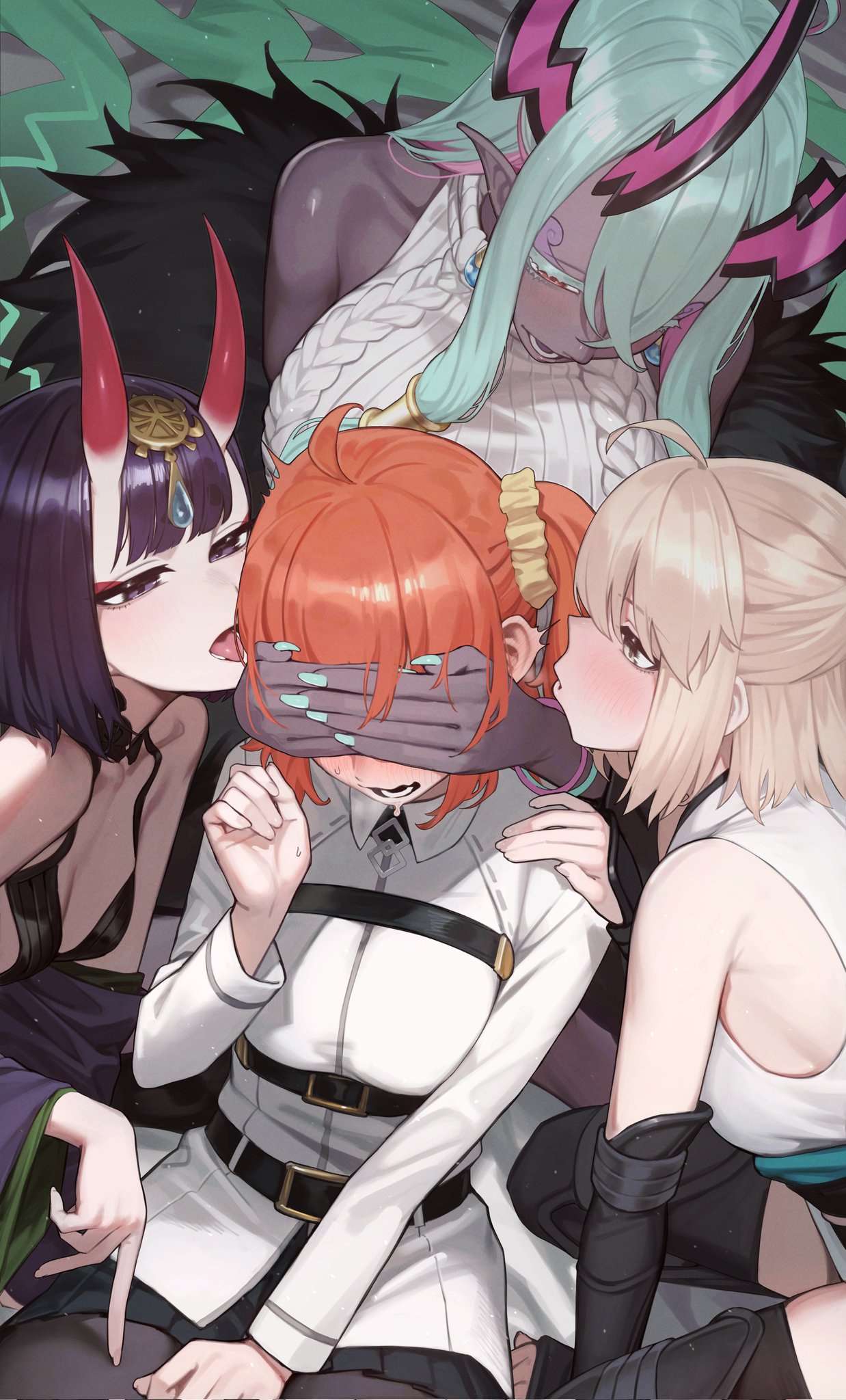 4girls, ahoge, bare shoulders, belt, black pantyhose, black skirt, blush, breasts, chaldea logo, chorogon, collared, collared shirt, dark skin, dark-skinned female, eyeliner, fate (series), fate/grand order, fujimaru ritsuka (female), grey skin, hair ornament, hair scrunchie, harem, headpiece, highres, horns, ibuki douji (fate), japanese clothes, kimono, long sleeves, looking at another, makeup, medium breasts, multiple girls, off shoulder, okita souji (fate), open mouth, orange hair, revealing clothes, scrunchie, shirt, shuten douji (fate), skirt, small breasts, sweat, thighs, tongue, tongue out, white shirt, wide sleeves, yuri, yuuki aoi