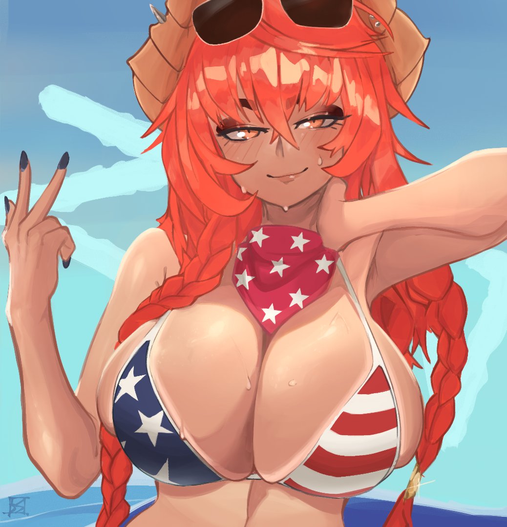 1girl, american flag, american flag bikini, american flag print, bikini, black nails, blue bikini, breasts, dragon girl, dragon horns, flag print, flag print bikini, horns, indie virtual youtuber, large breasts, long hair, looking at viewer, nail polish, print bikini, red bikini, red hair, red scarf, scarf, smile, solo, star (symbol), star print, star print bikini, swimsuit, twitch, twitch streamer, twitch.tv, twitter, v, virtual youtuber, yellow eyes, youtube, youtuber, zentreya, zentreya (cowboy bikini), zentreya (dragon)