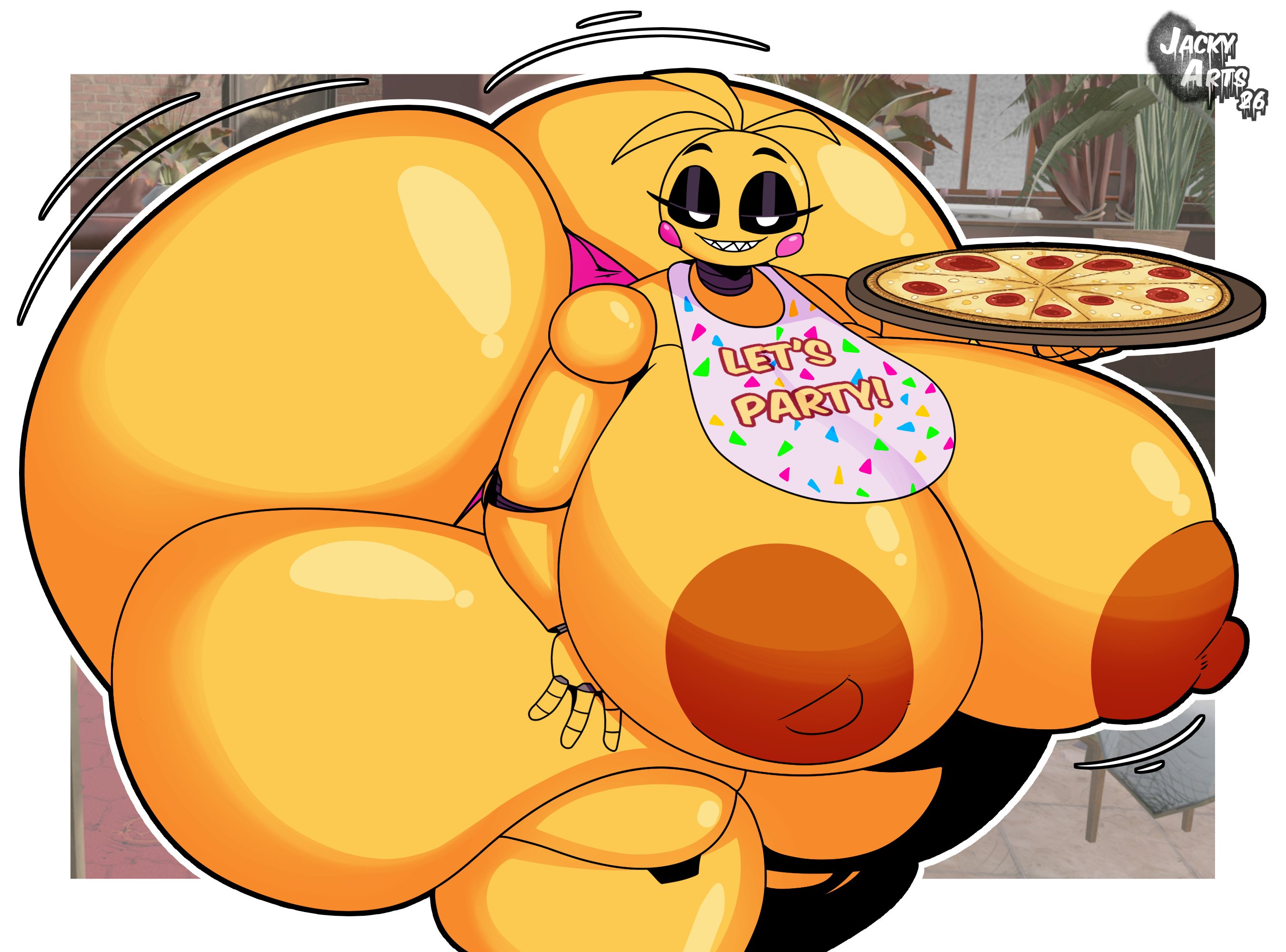 1girls, animatronic, anthro, areolae, ass, ass bigger than head, ass bigger than torso, avian, bedroom eyes, bib, big ass, big breasts, black sclera, breasts, breasts bigger than head, breasts bigger than torso, busty, fat ass, female, female only, five nights at freddy's, five nights at freddy's 2, food, furry, furry only, gluteal fold, half-closed eyes, huge ass, huge breasts, hyper, hyper ass, jacky arts, large ass, large breasts, looking at viewer, massive ass, massive breasts, nipples, panties, pizza, robot, robot girl, serving tray, smile, solo, thick ass, thick thighs, thunder thighs, toy chica (fnaf), wide hips