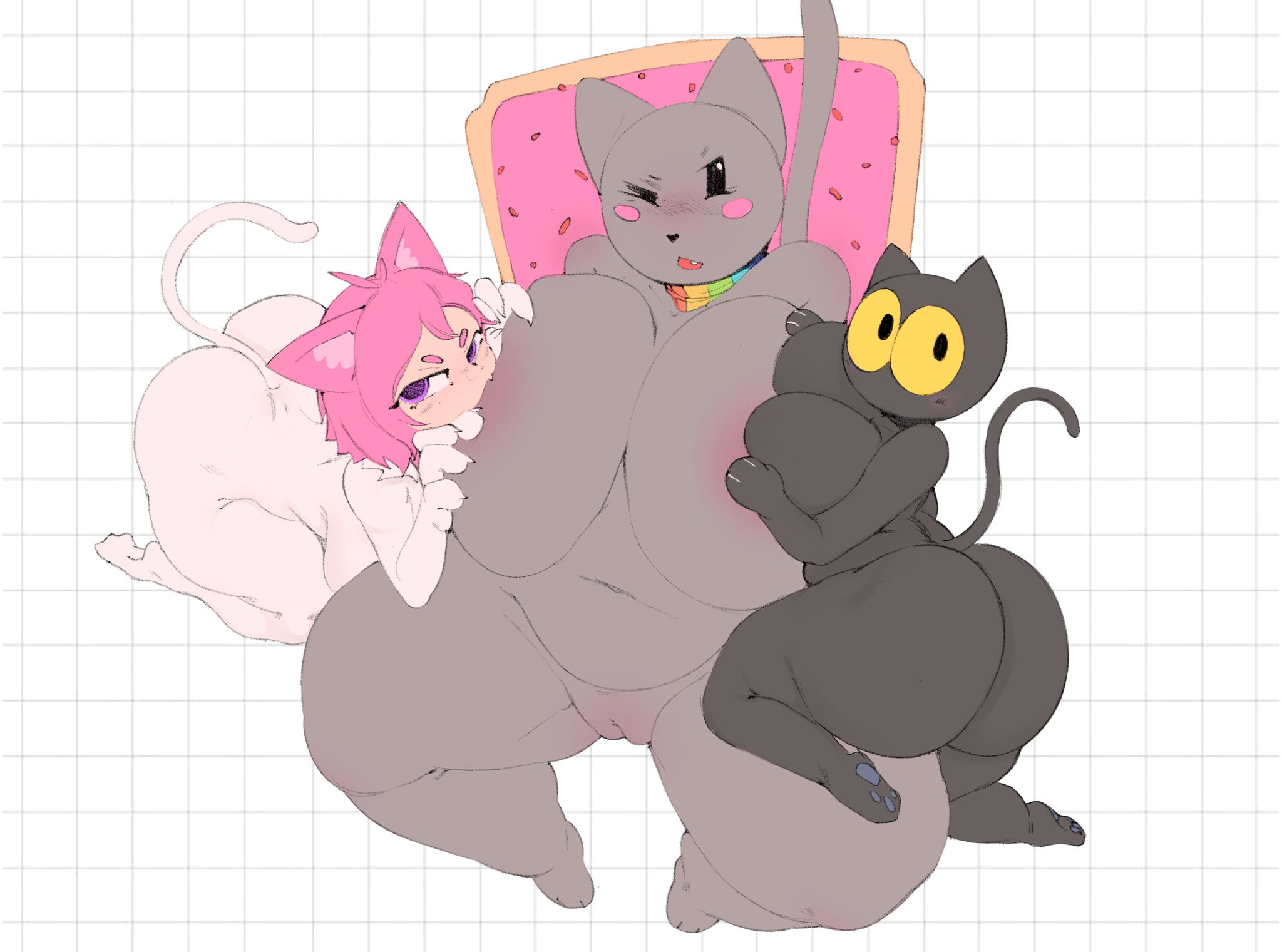 2026, 2d, 3girls, anthro, anus, areolae, ass, big breasts, black body, breasts, chubby, chubby female, feline, female, female only, furry, furry female, furry only, google, google doodle, grey body, grid background, hair, light skin, light-skinned female, looking at viewer, momo (google), naked, naked female, nekochan (telegram), nude, nude female, nyan cat, paws, pink hair, plain background, purple eyes, pussy, sosohipus, sucking nipples, tail, telegram, trio, vagina, white background
