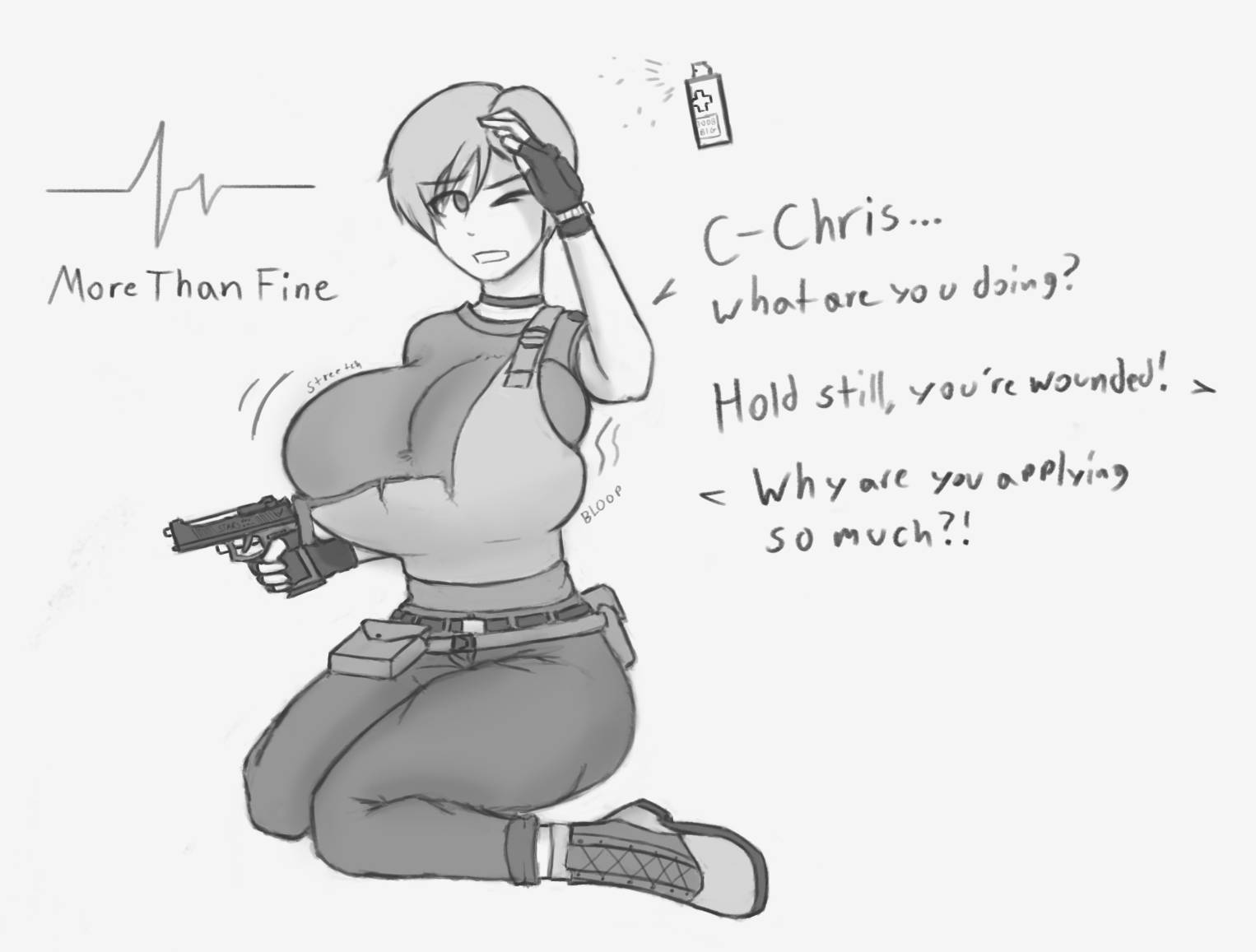 1girls, 2019, armor, belt, big breasts, breast expansion, breast growth, breast growth (enlargement), breasts, capcom, female, firearm, footwear, handgun, huge breasts, kneeling, magnaprospekt, monochrome, oblivious, overflowing breasts, rebecca chambers, resident evil, short hair, tagme, topwear, wardrobe malfunction, weapon
