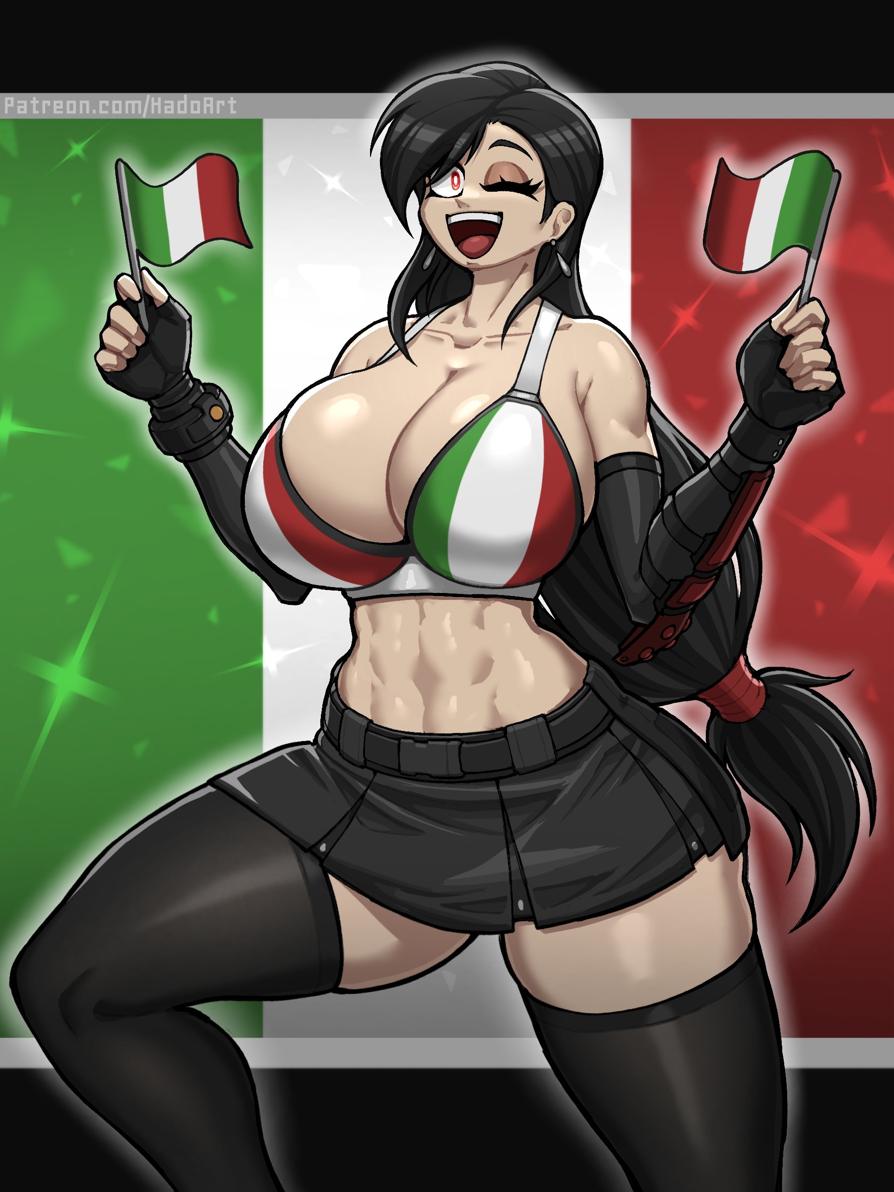 1girls, 2d (artwork), abs, black hair, breasts, cleavage, clothing, final fantasy, final fantasy vii, holding object, huge breasts, italian flag, italian senate hack, large breasts, midriff, one eye closed, red eyes, simple background, source request, thick thighs, thighhighs, thighs, tifa lockhart, year request, zzzhodazzz