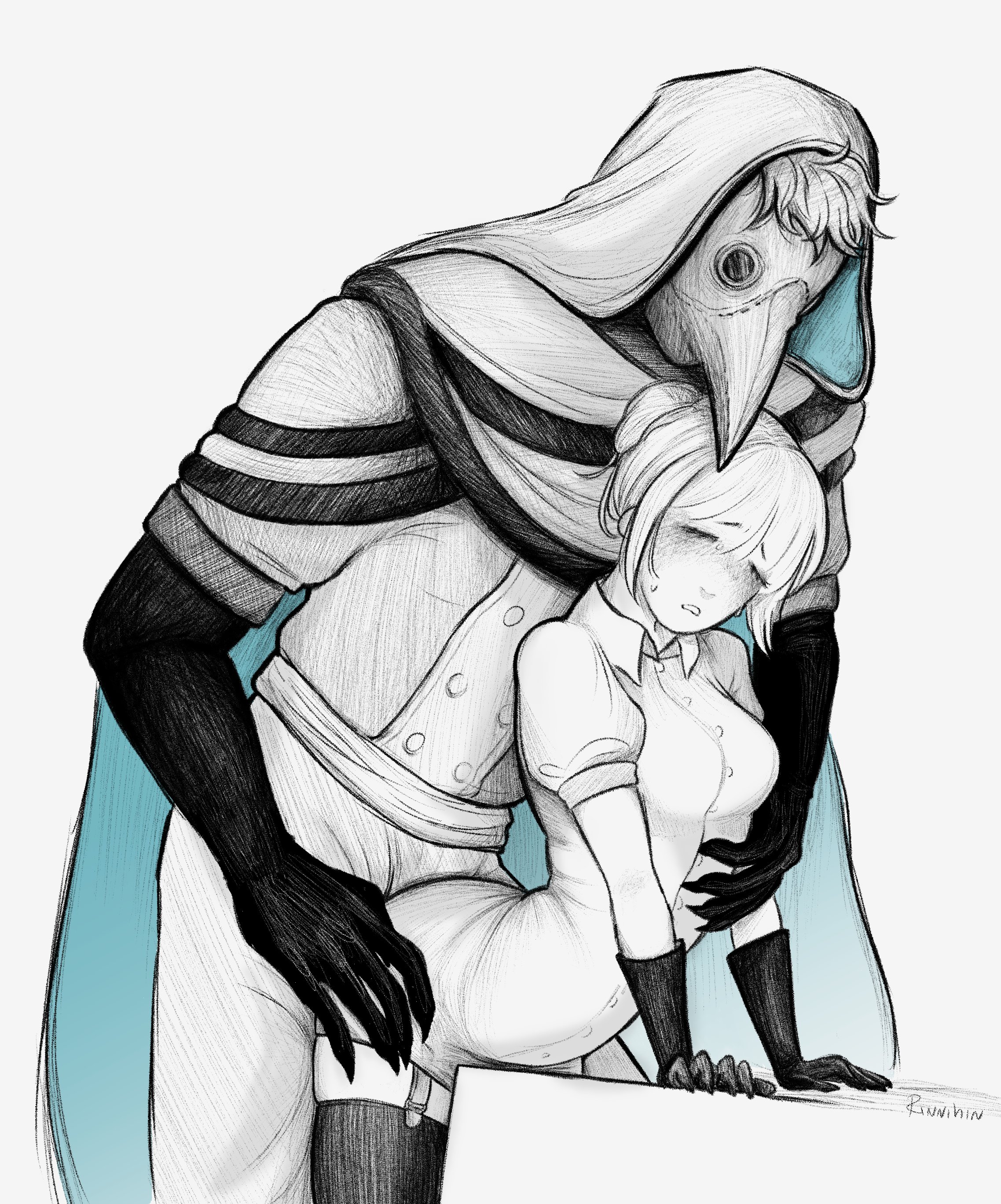 bird mask, blonde female, blonde hair, blonde-haired female, cloak, clothed female, clothed male clothed female, doctor (the freak circus), doctor on patient, fucked from behind, fucked through clothes, grabbing breasts, grabbing from behind, hands on table, large male smaller female, larger male, male on female, male/female, monster on female, original character, pale skin, pale-skinned female, plague doctor, sex from behind, size difference, the freak circus, uniformed male