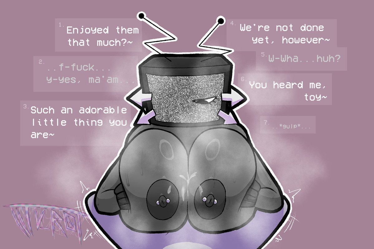 2d, 2d (artwork), antennae, areolae, big areola, big breasts, breast squeeze, breasts, breasts bigger than head, breasts focus, cum, cum on breasts, dark areola, dark nipples, dialogue, dominant, dominant female, domination, drawing, grey body, huge breasts, looking at penis, naked, nipple piercing, nipples, nude, oc, one eye, original, original character, paizuri, pierced nipples, simple background, steam, submissive, submissive male, text, tv, tv head, tv rot