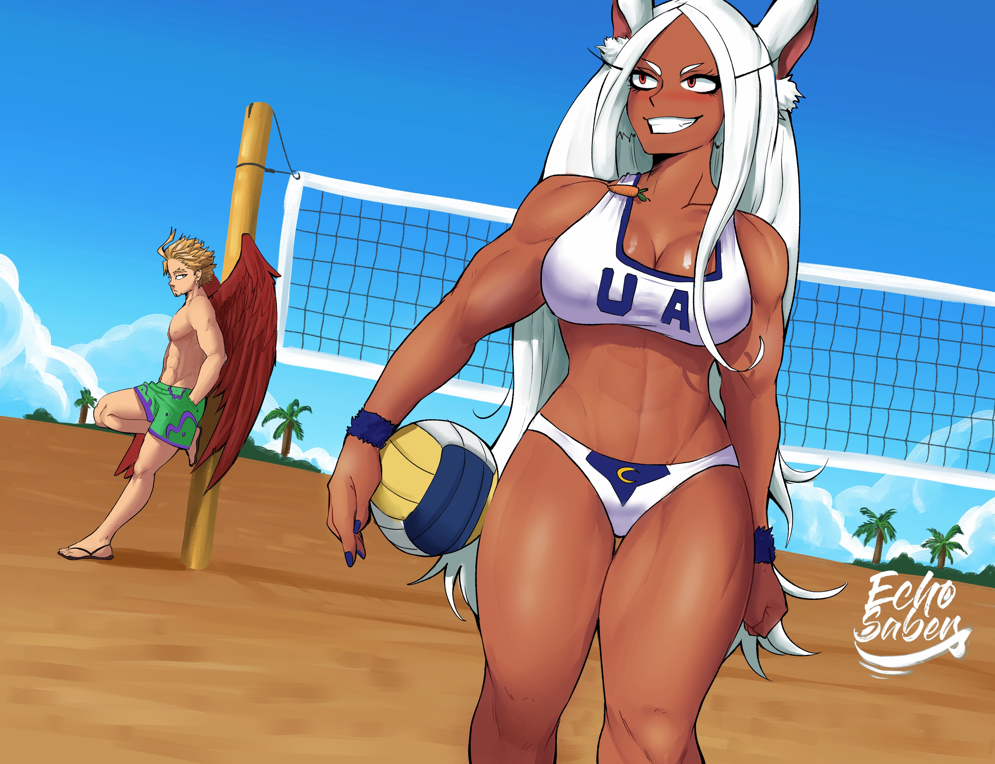 1girls, abs, beach, big breasts, breasts, bunny ears, cleavage, dark skin, dark-skinned female, echosaber, fat breasts, female, female focus, grin, hawks (my hero academia), keigo takami, large breasts, light skin, light-skinned male, long hair, male, male/female, miruko, muscular, muscular female, my hero academia, palm tree, red eyes, red wings, rumi usagiyama, sand, shirtless male, smile, sportswear, summer, tan skin, volleyball, volleyball net, volleyball uniform, white hair, wings