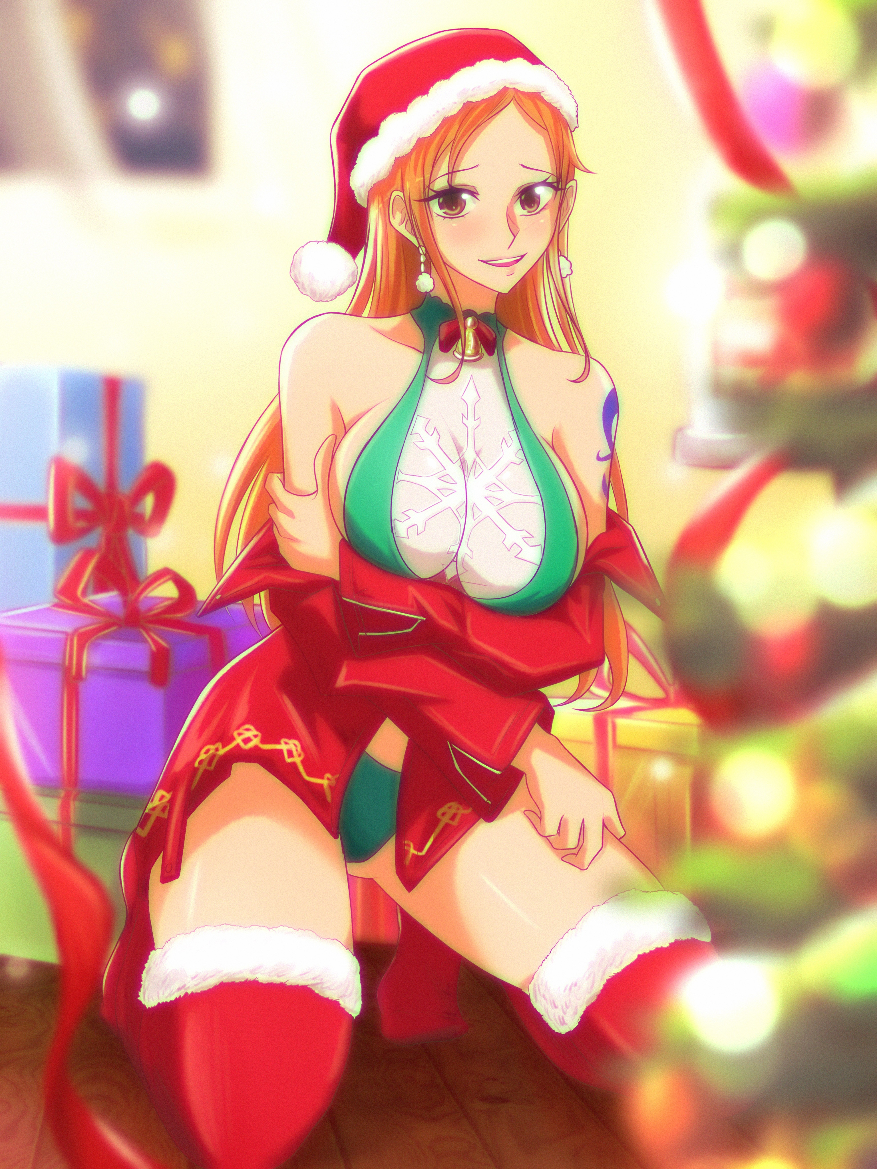 1girls, arm tattoo, blue tattoo, christmas, clothing, female, female only, nami (one piece), one piece, opalisart, orange hair, orange-haired female, post-timeskip, santa hat, tattoo