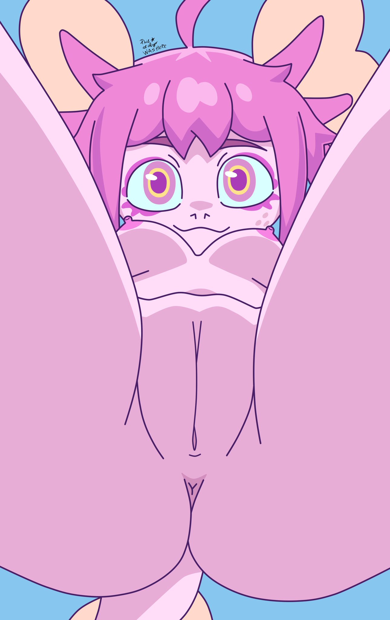 adorable, anthro, anus, ass, axolotl, axolotl girl, breasts, close-up, down angle, female only, hi res, looking at viewer, nipples, philelmago, pink body, pink eyes, pink hair, pussy, pussy lips, signature, solo female, thighs, vitzy (vitzypie)