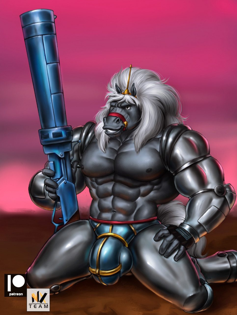 abs anthro bravestarr bridle cybernetic_arm cybernetic_limb cybernetics cyborg equid equine grey_body gun hair hi_res horse kneeling machine male mammal muscular muscular_anthro muscular_male nexus ranged_weapon solo thirty_thirty weapon white_hair